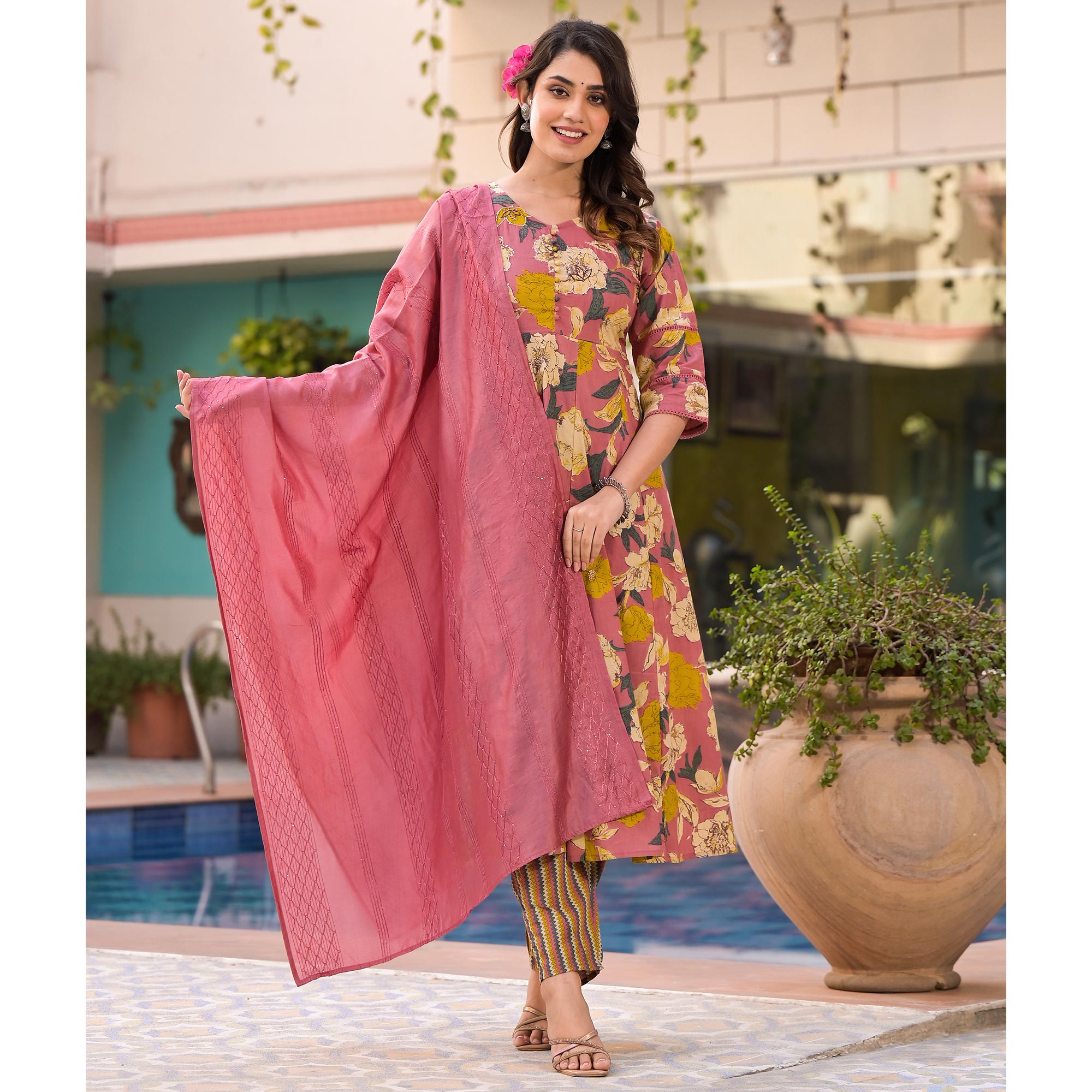 Pink Floral Printed Pure Cotton Anarakli Salwar Suit