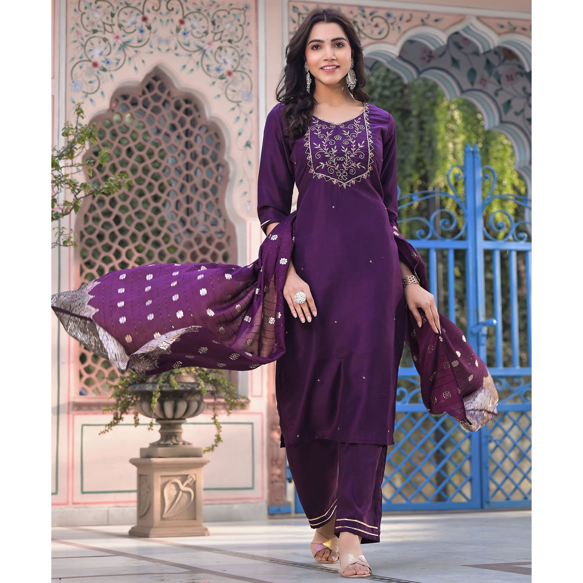 Wine Embroidered Chinon Salwar Suit With Handcrafted