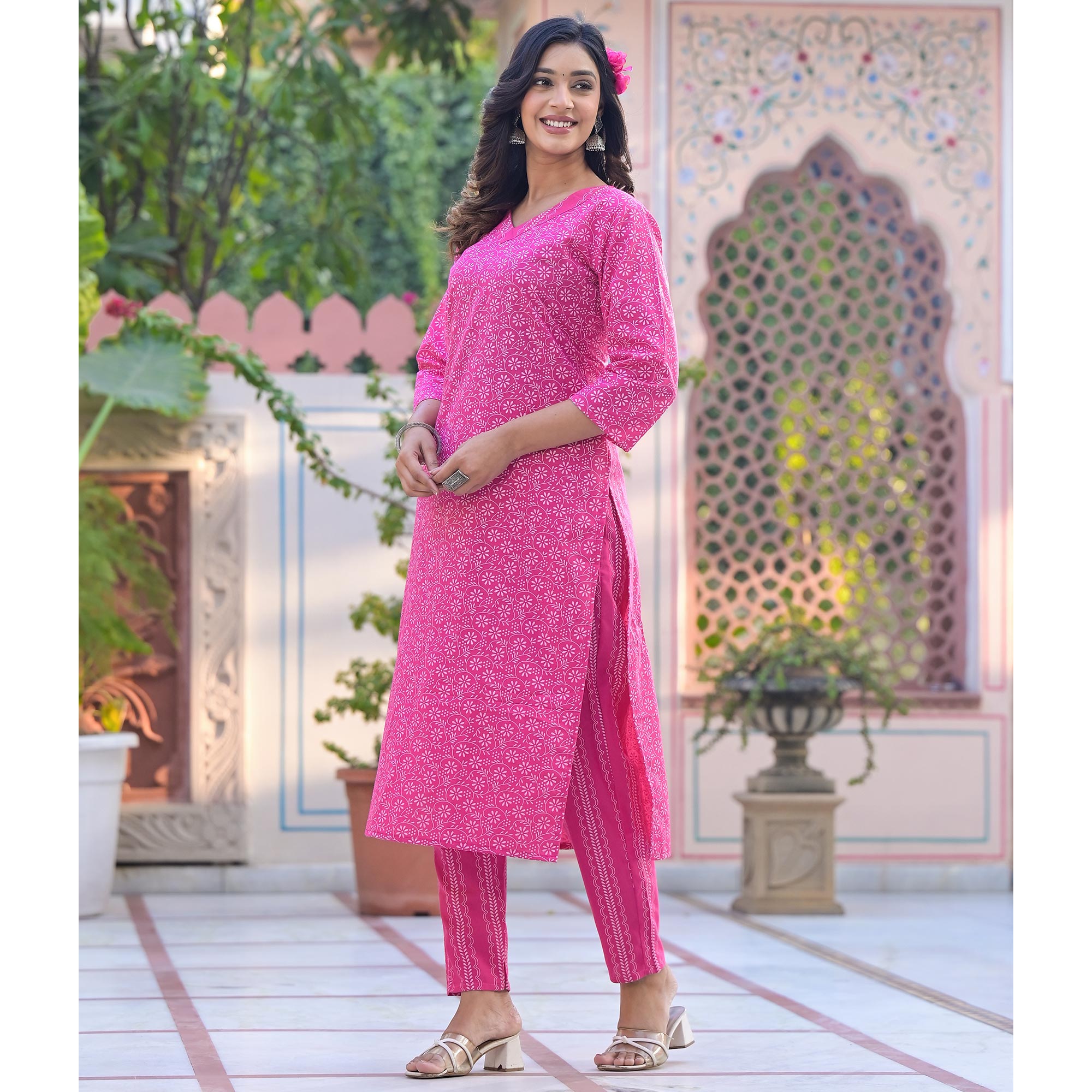 Pink Printed Pure Cotton Straight Kurti Sets