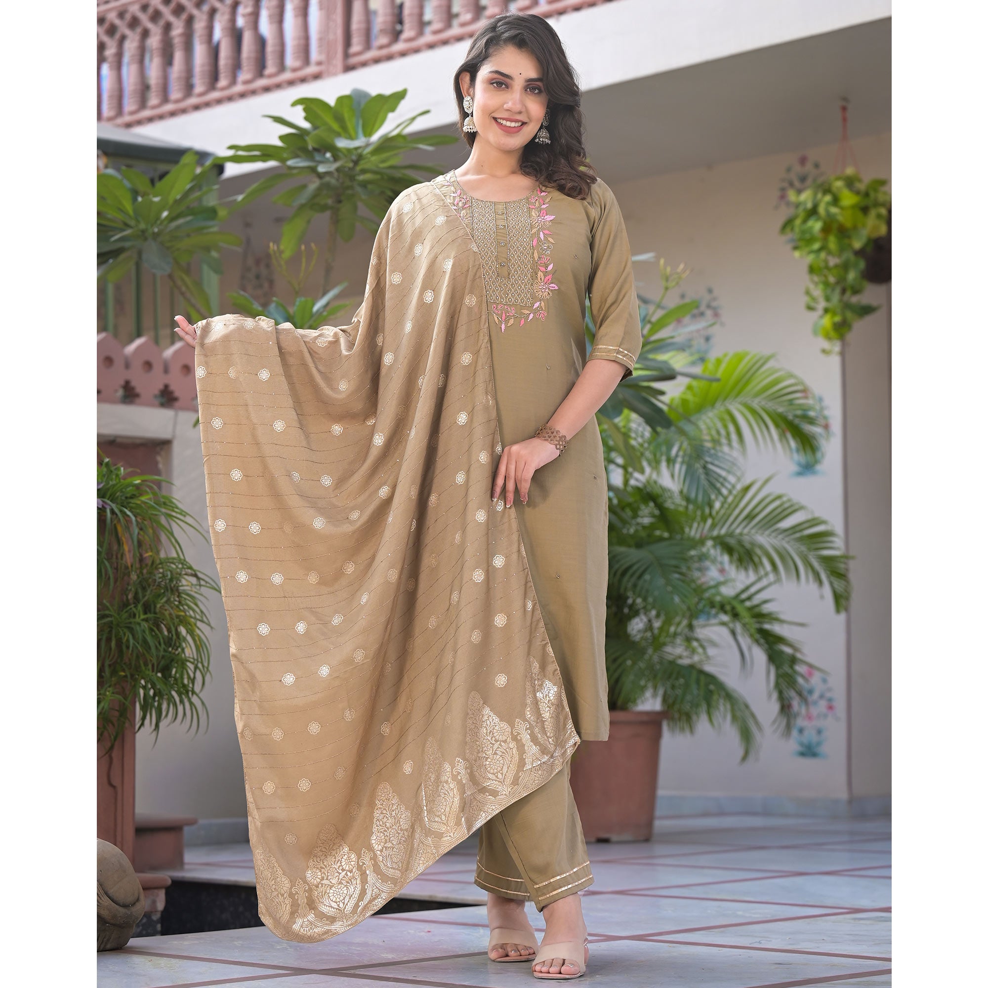 Chikoo Embroidered Chinon Salwar Suit With Handwork