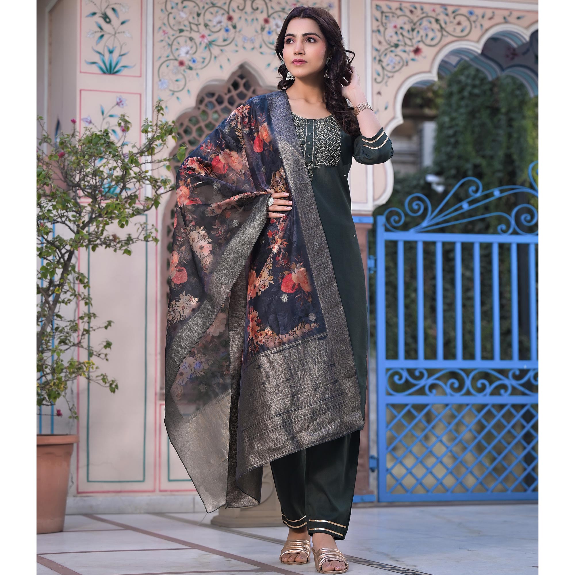 Grey Embroidered Dola Silk Straight Cut Salwar Suit