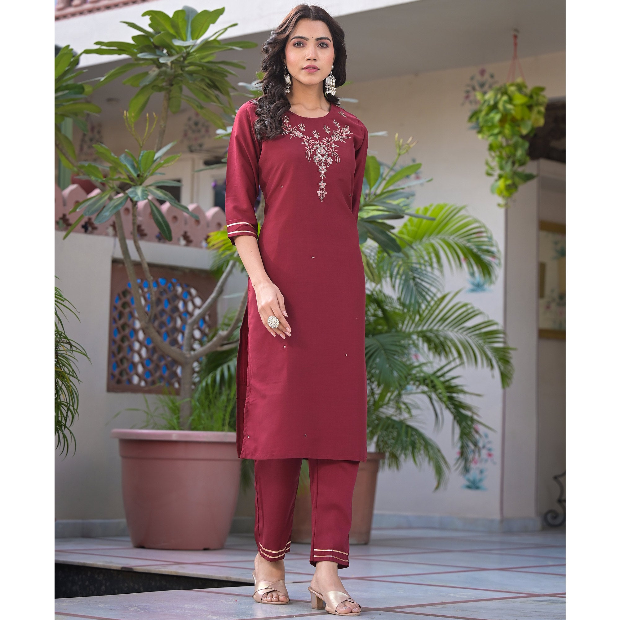 Maroon Embroidered Dola Silk Straight Cut Salwar Suit