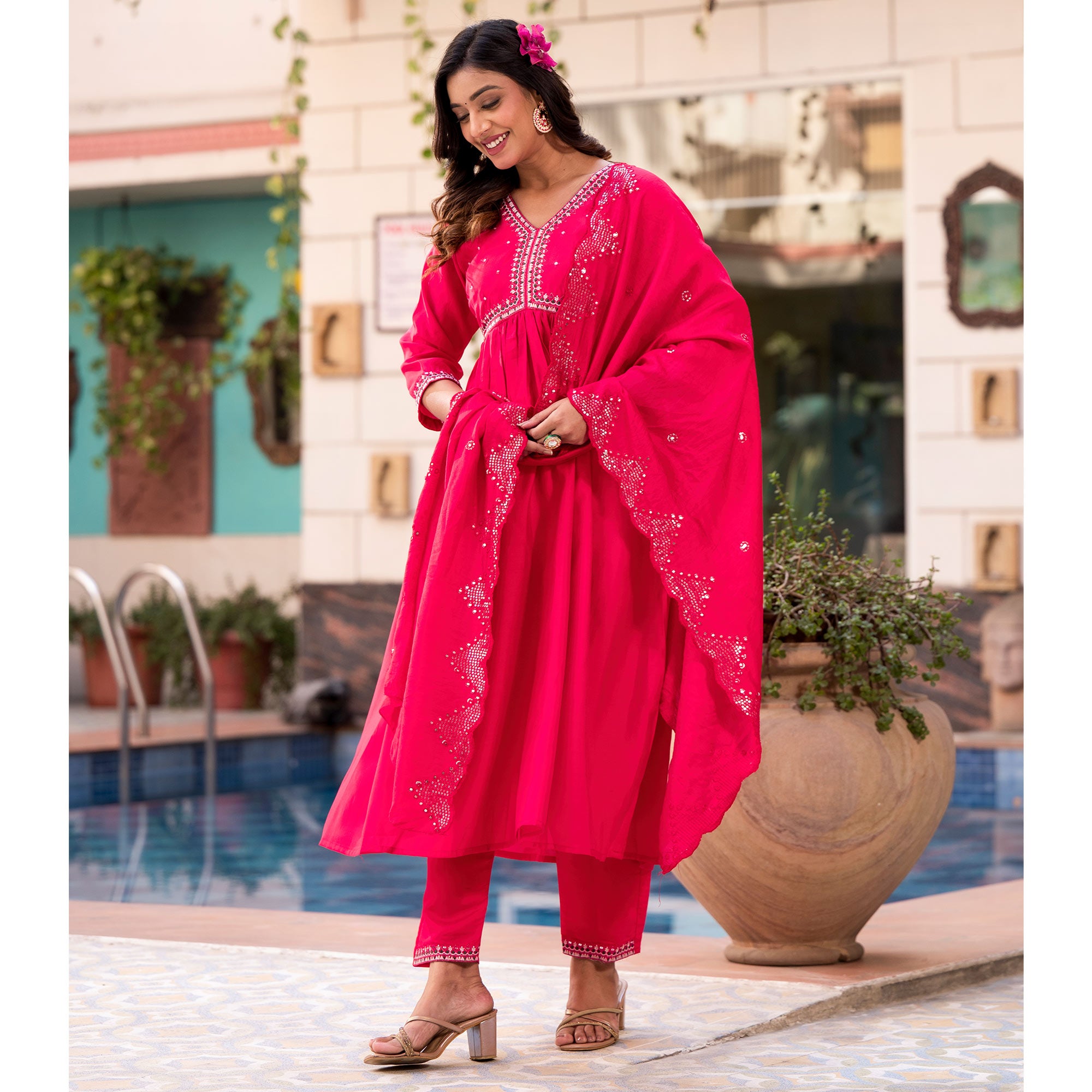 Pink Embroidered Pure Silk Alia Cut Salwar Suit