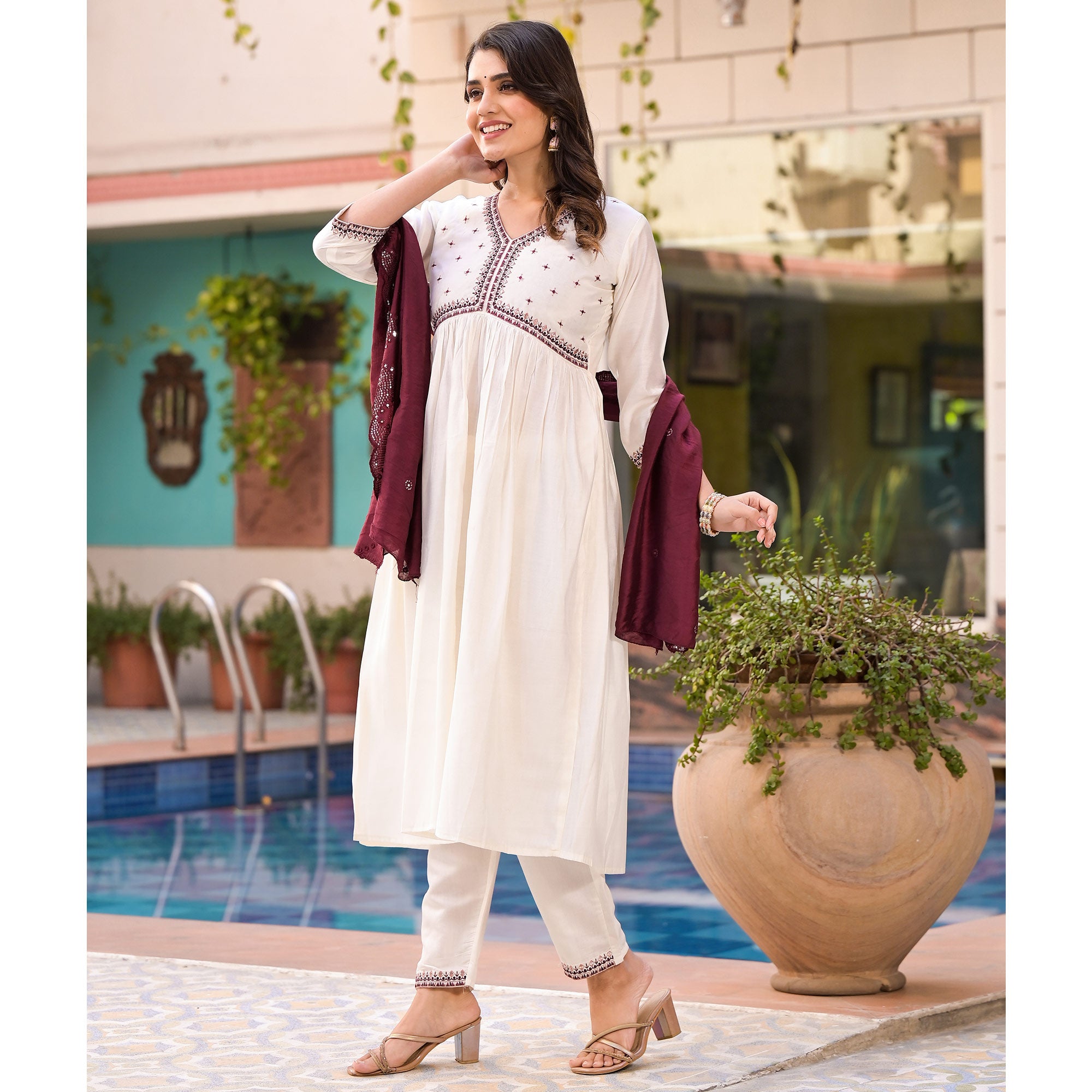 White Embroidered Pure Silk Alia Cut Salwar Suit