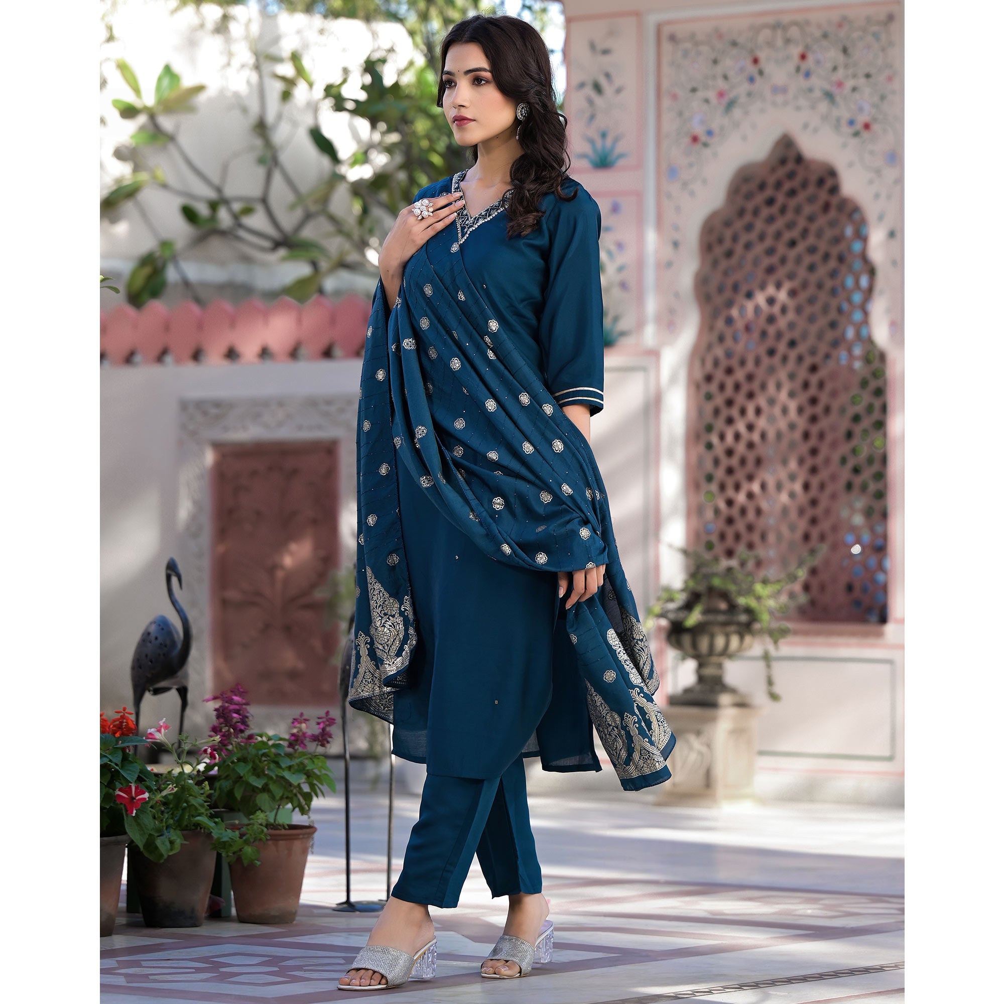 Blue Embroidered Pure Silk Straight Salwar Suit