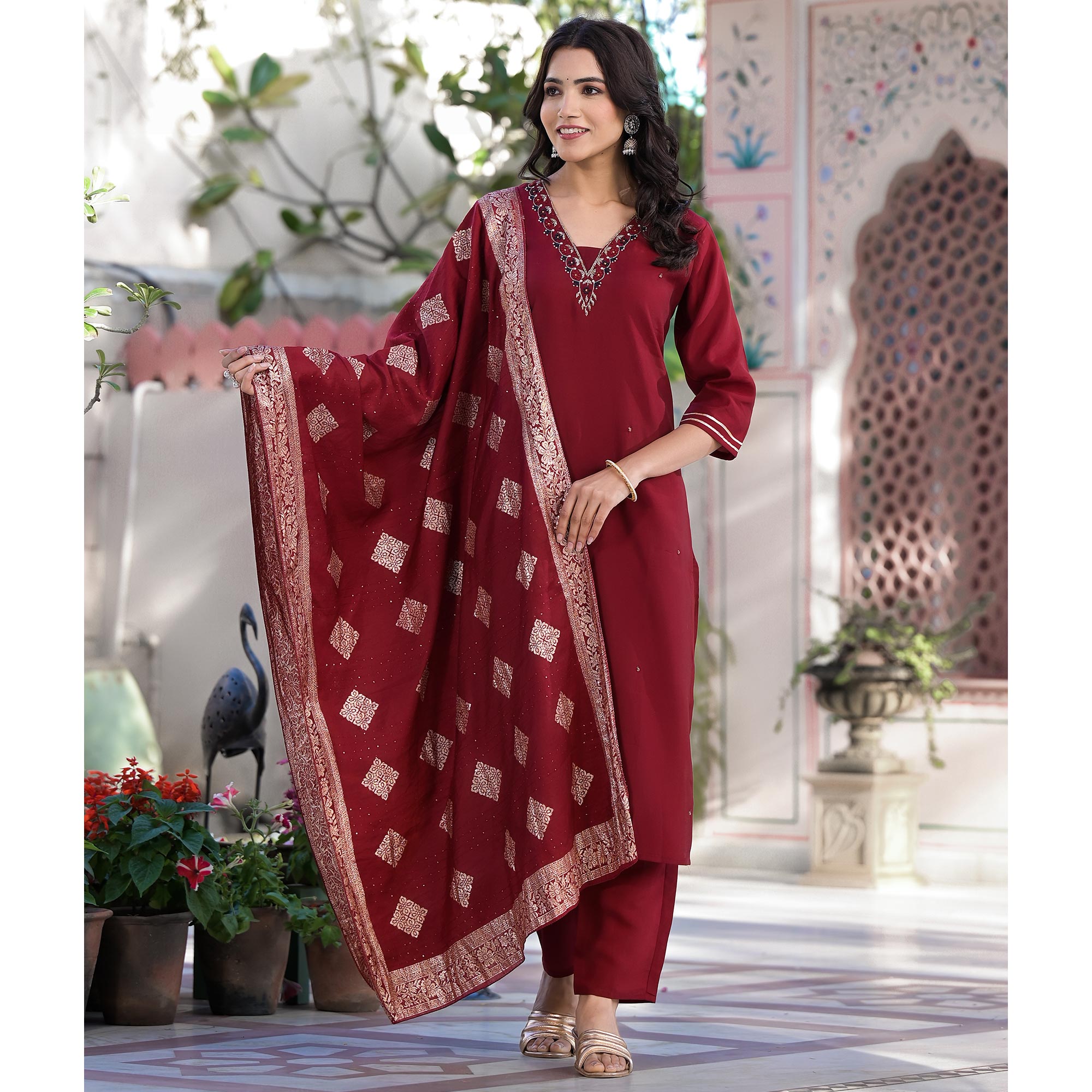 Maroon Embroidered Pure Silk Straight Salwar Suit