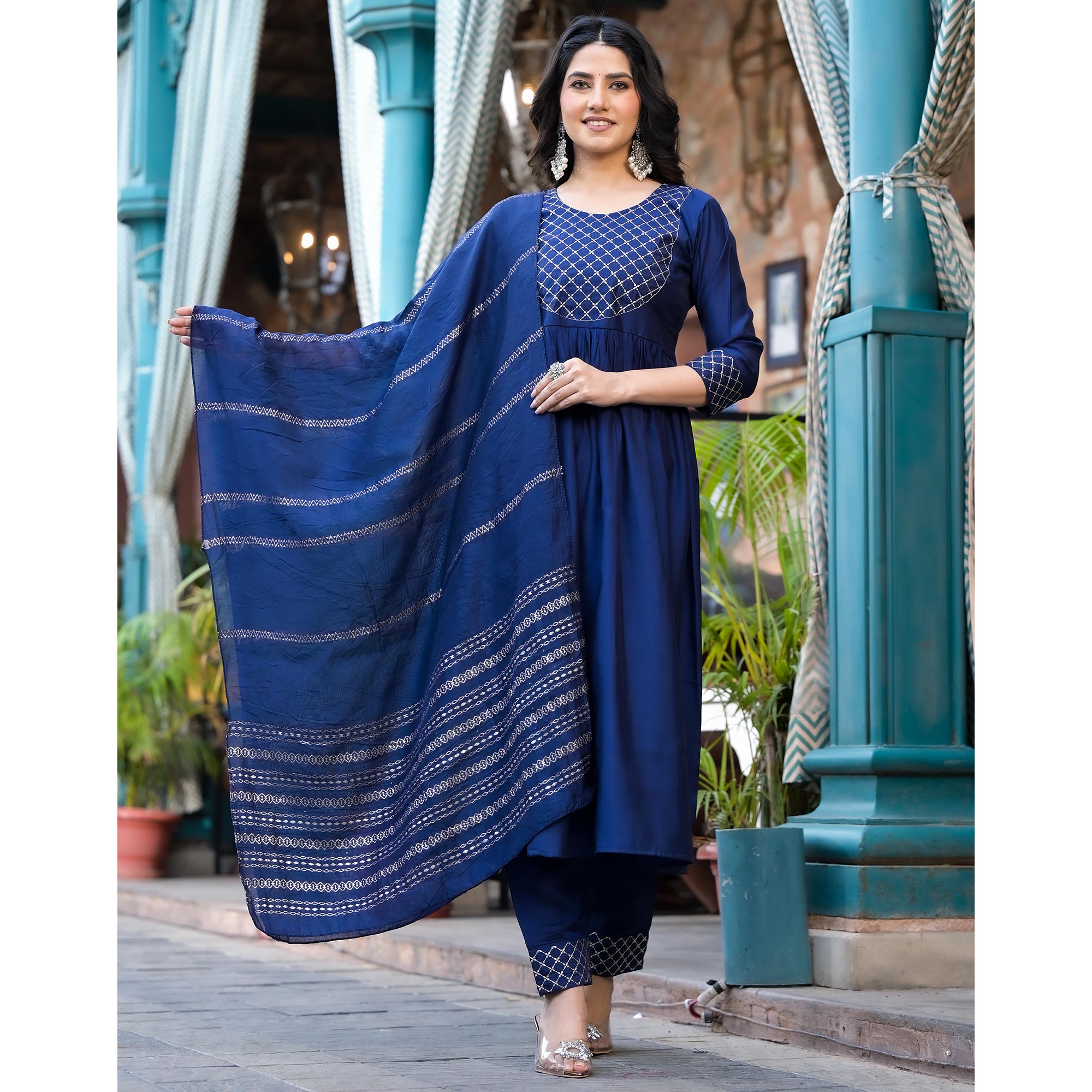 Blue Embroidered Pure Silk Naira Cut Salwar Suit