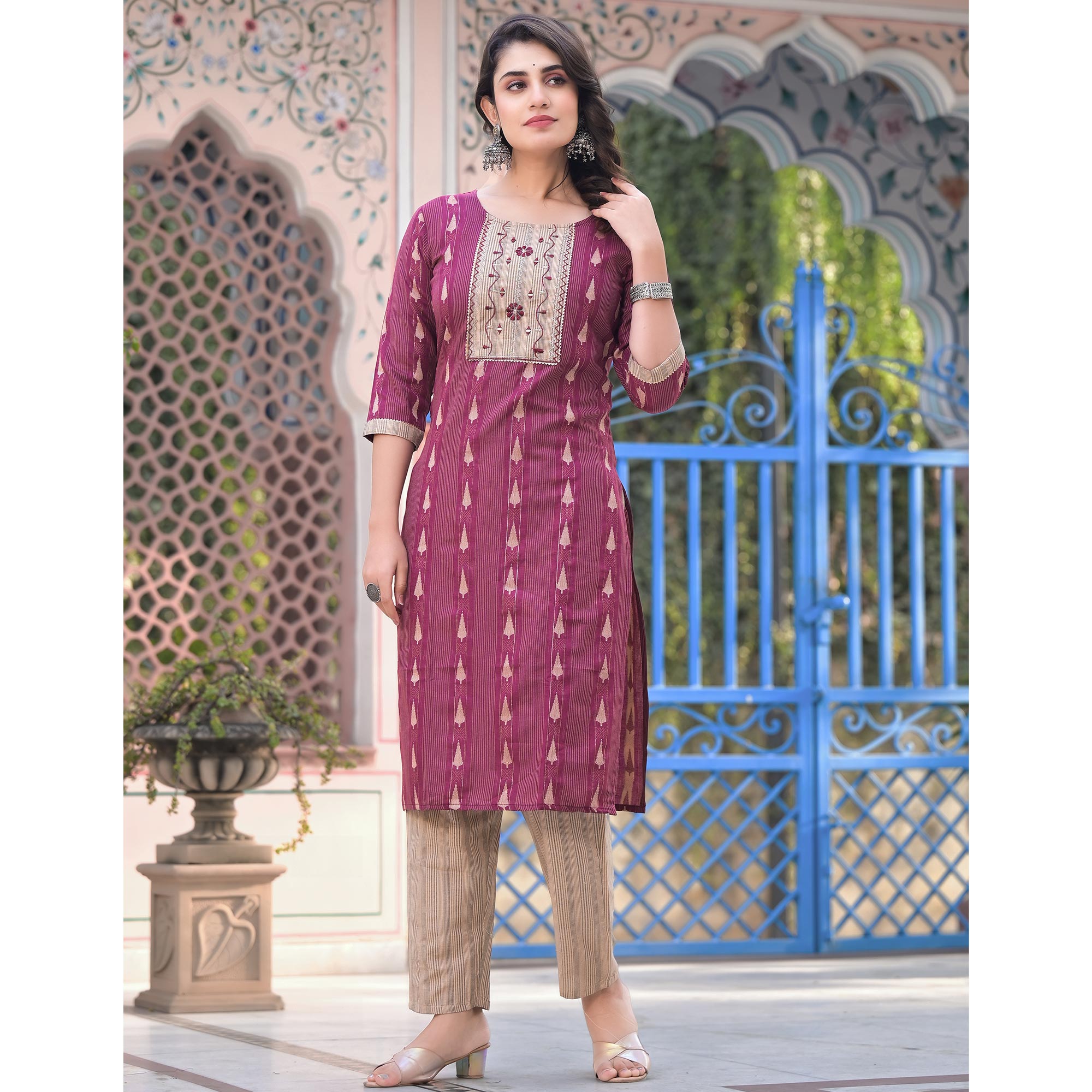 Wine Woven Pure Cotton Straight Salwar Suit