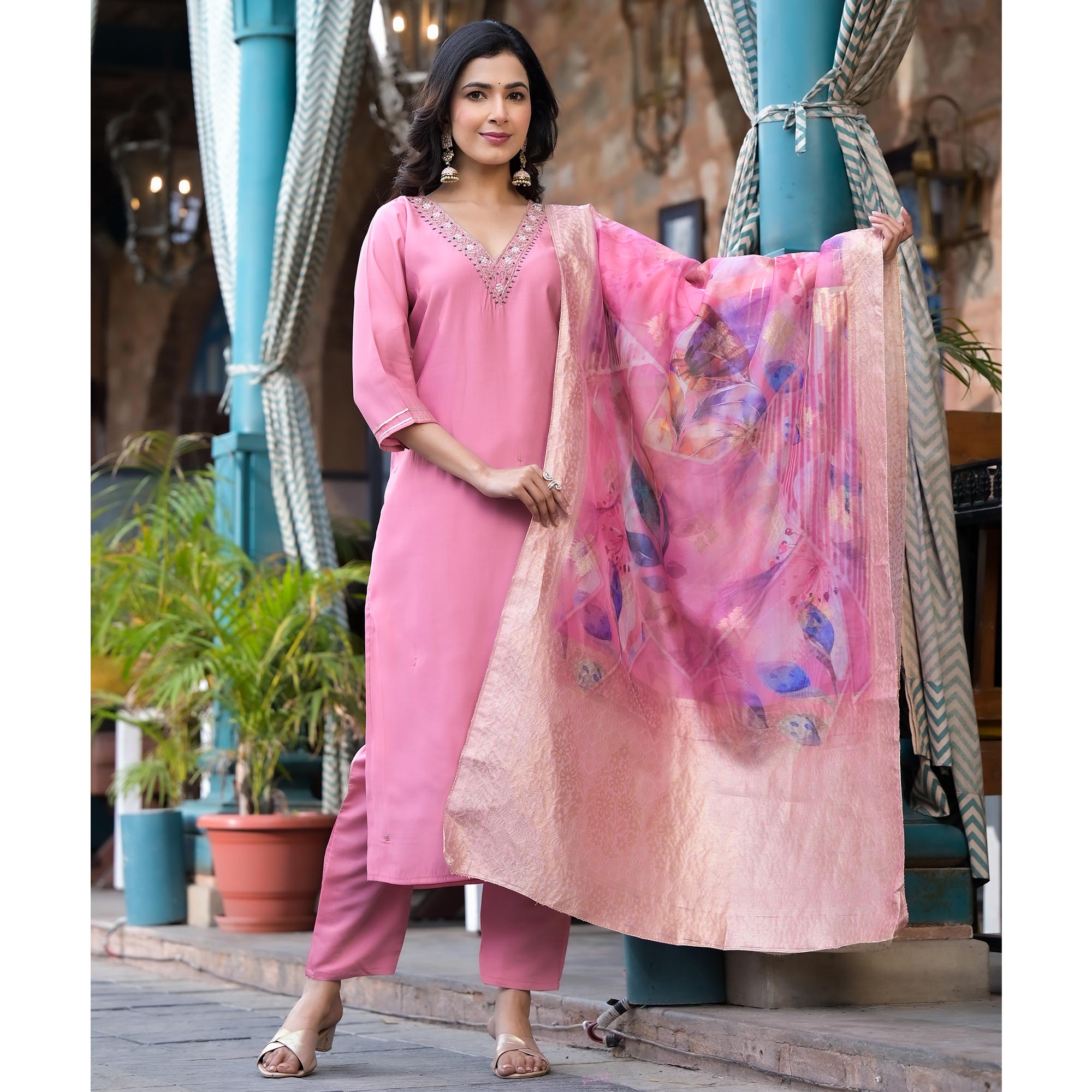 Pink Embroidered Pure Silk Salwar Suit With Handcrafted