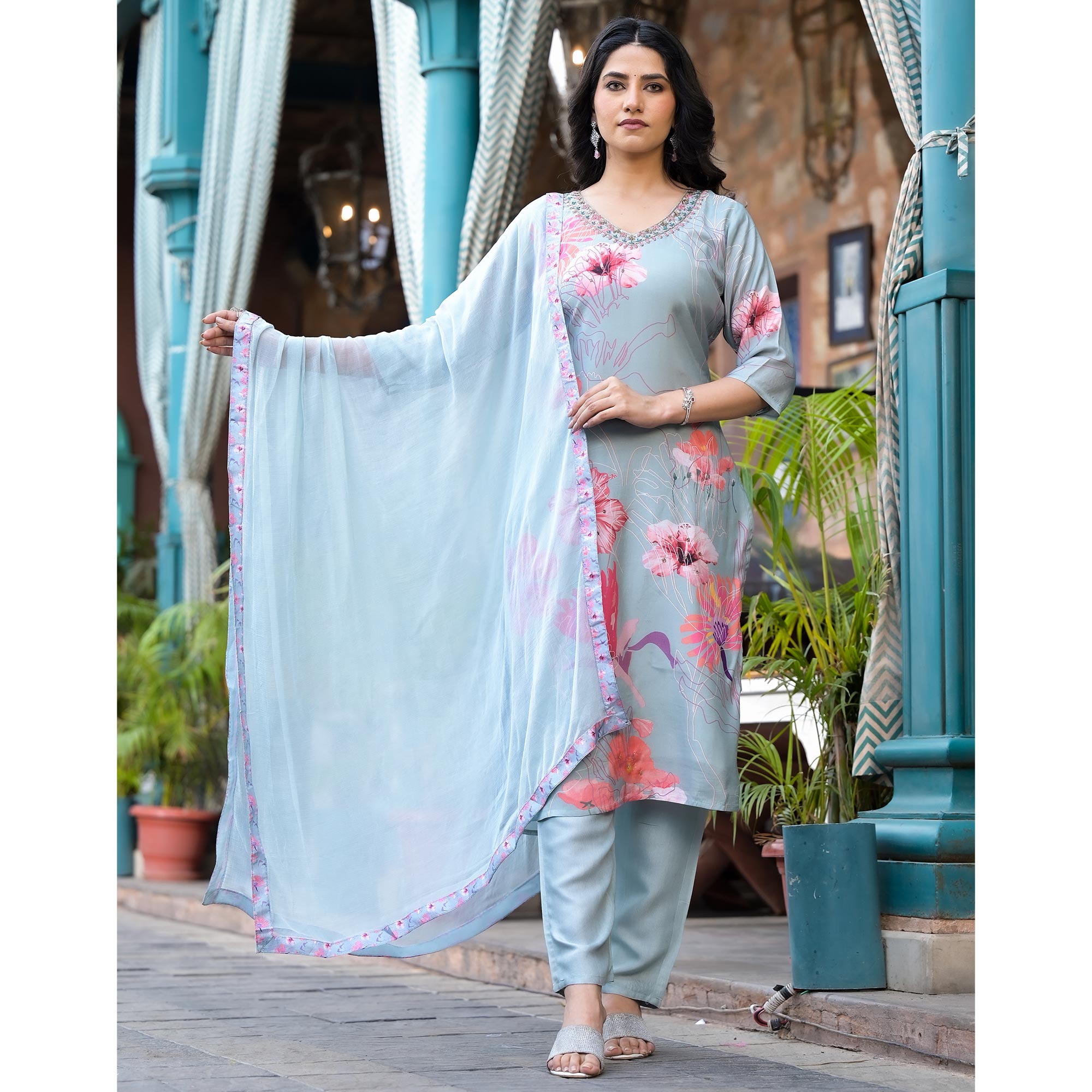 Country Blue Floral Printed Viscose Salwar Suit With Beads Work