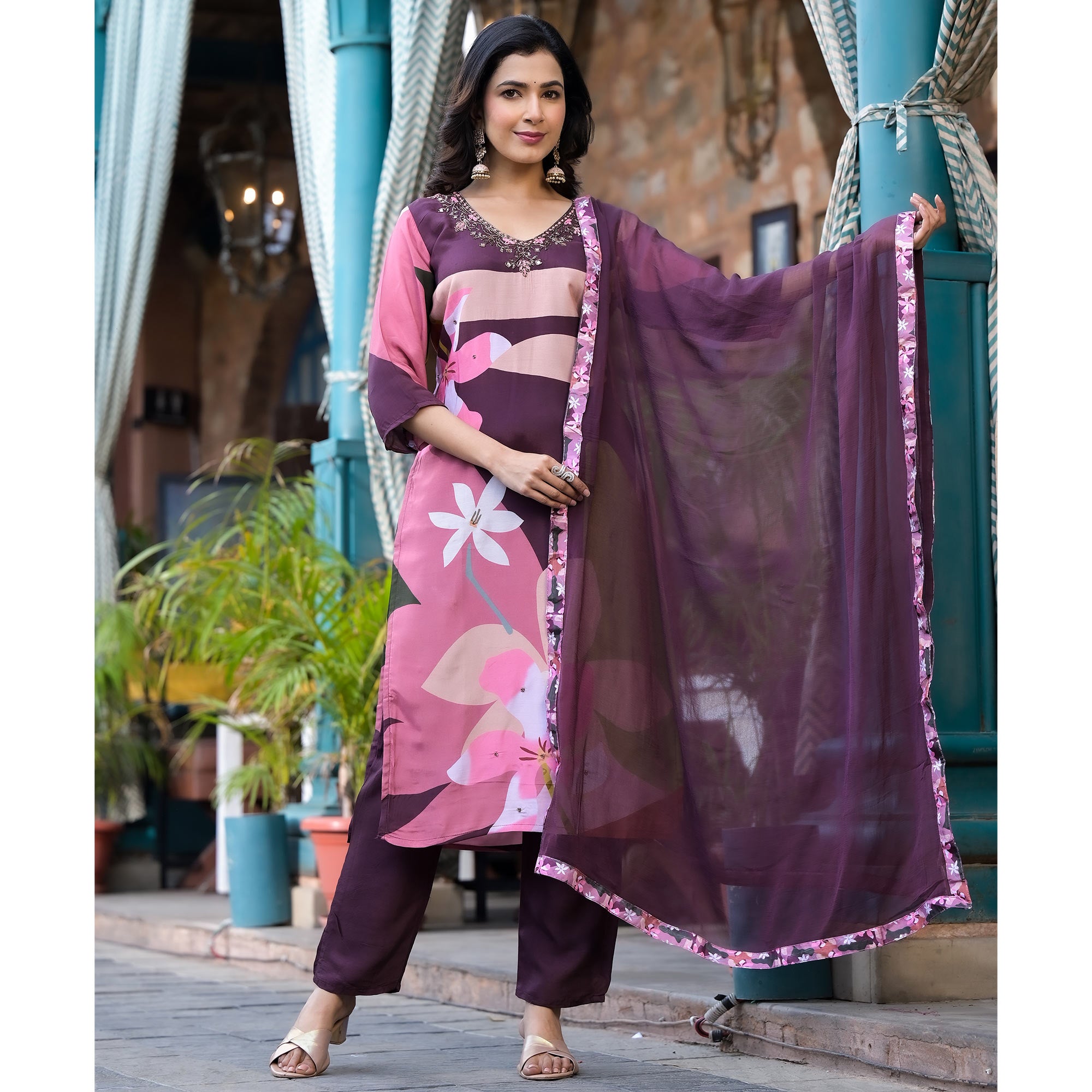 Purple Floral Printed Viscose Salwar Suit With Beads Work