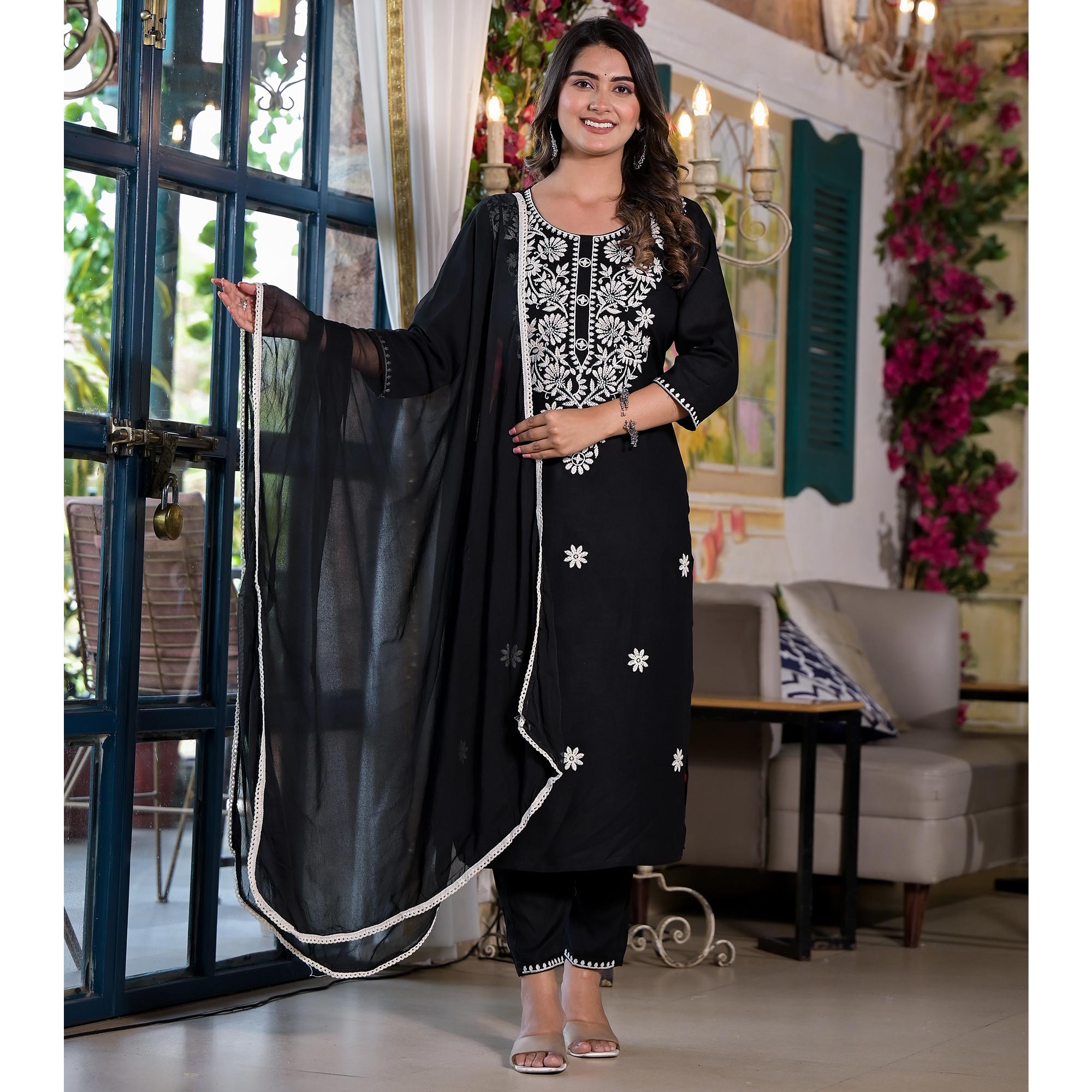 Black Lucknowi Embroidered Rayon Salwar Suit