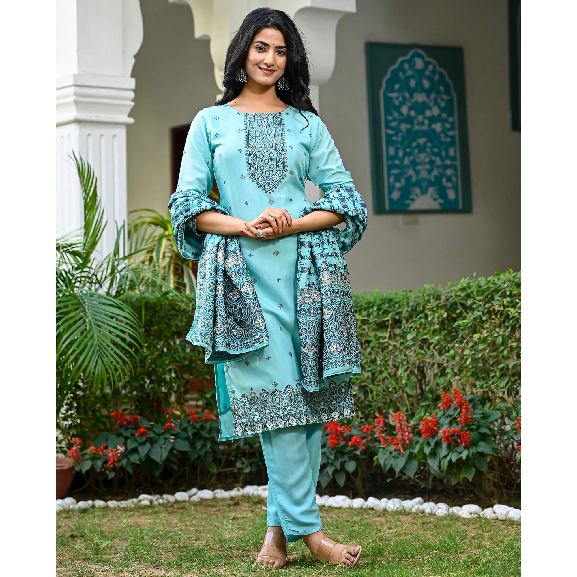 Turquoise Floral Woven Viscose Salwar Suit