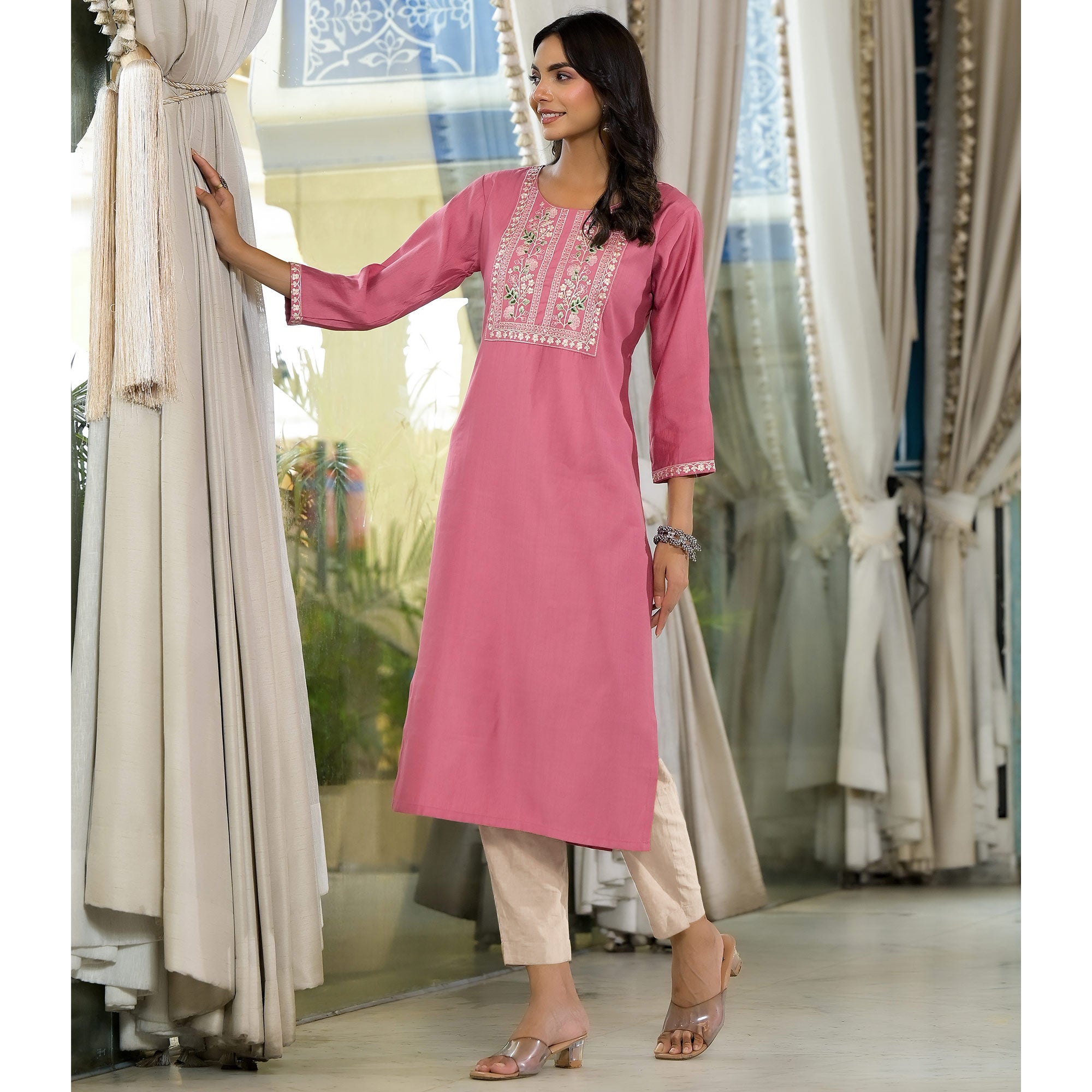 Pink Yoke Embroidered Viscose Straight Kurti