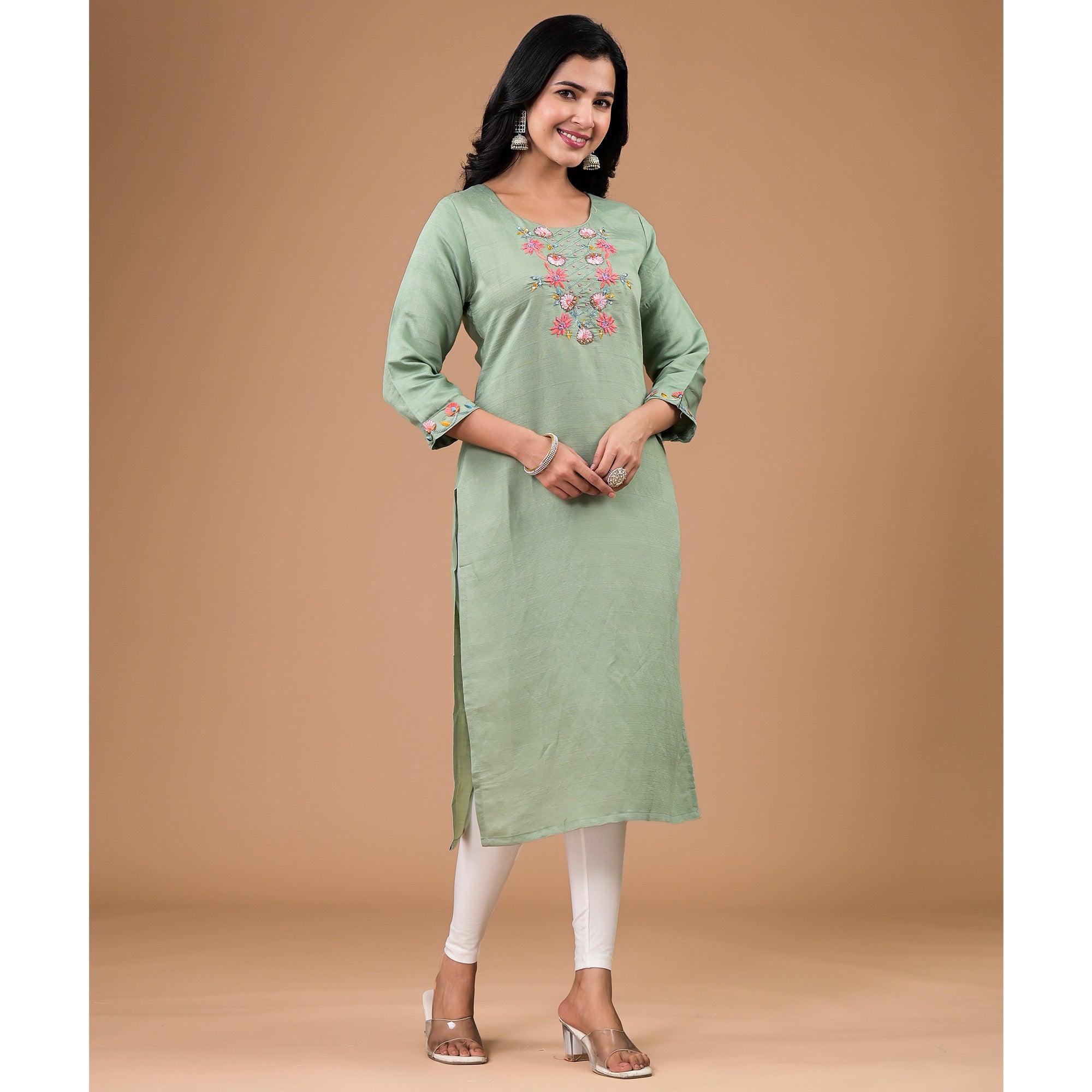 Mint Green Yoke Embroidered Viscose Straight Kurti