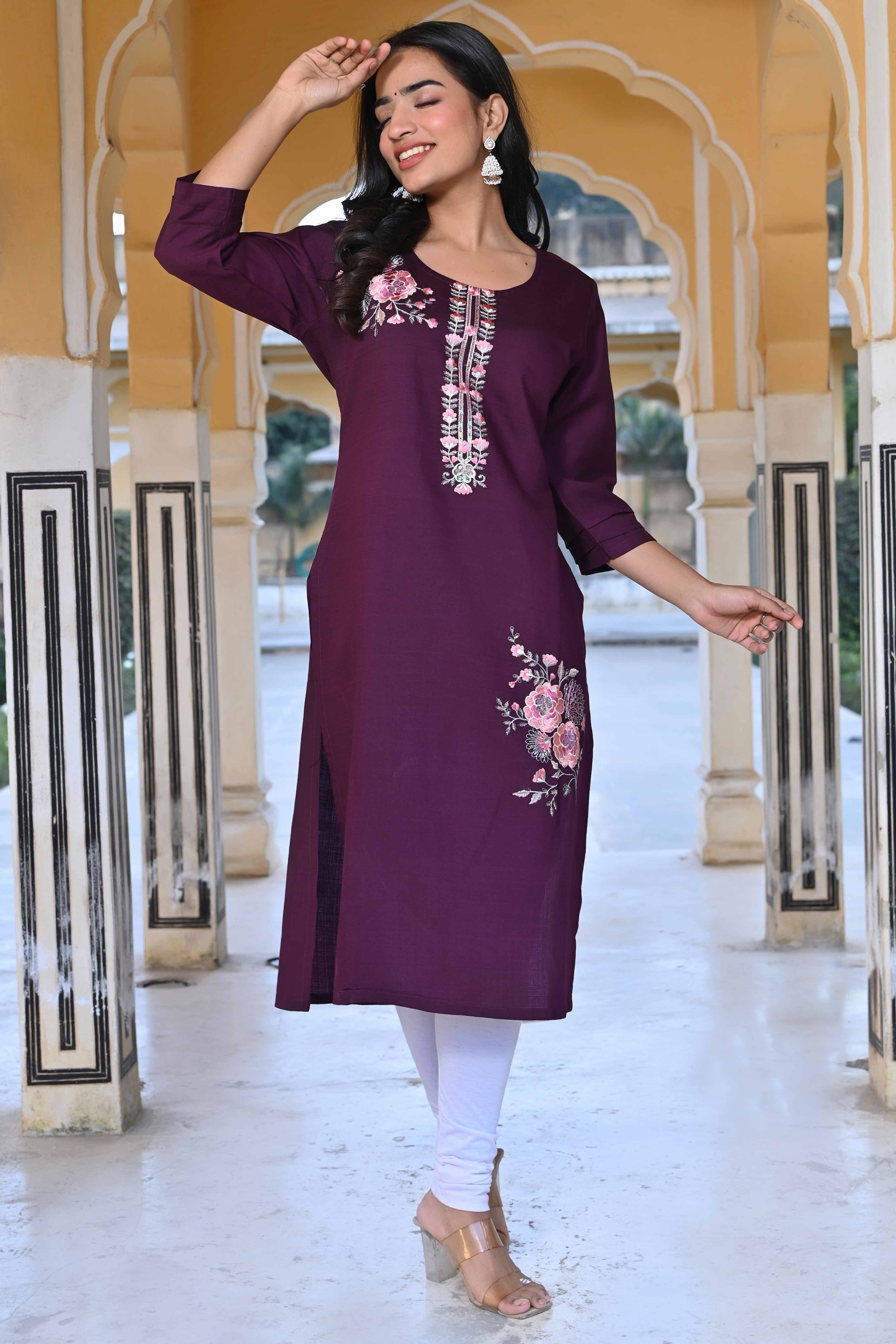 Purple Floral Embroidered Viscose Straight Kurti