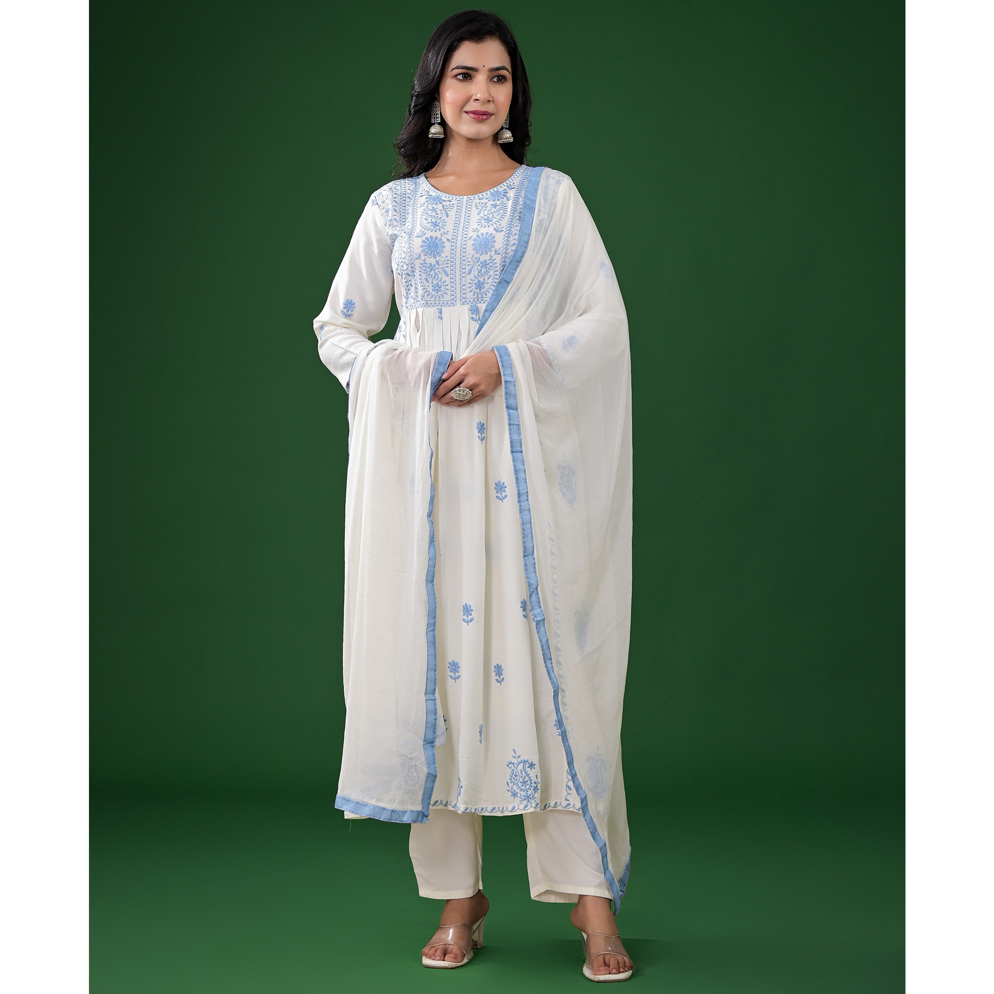 White Floral Embroidered Rayon A-Line Salwar Suit