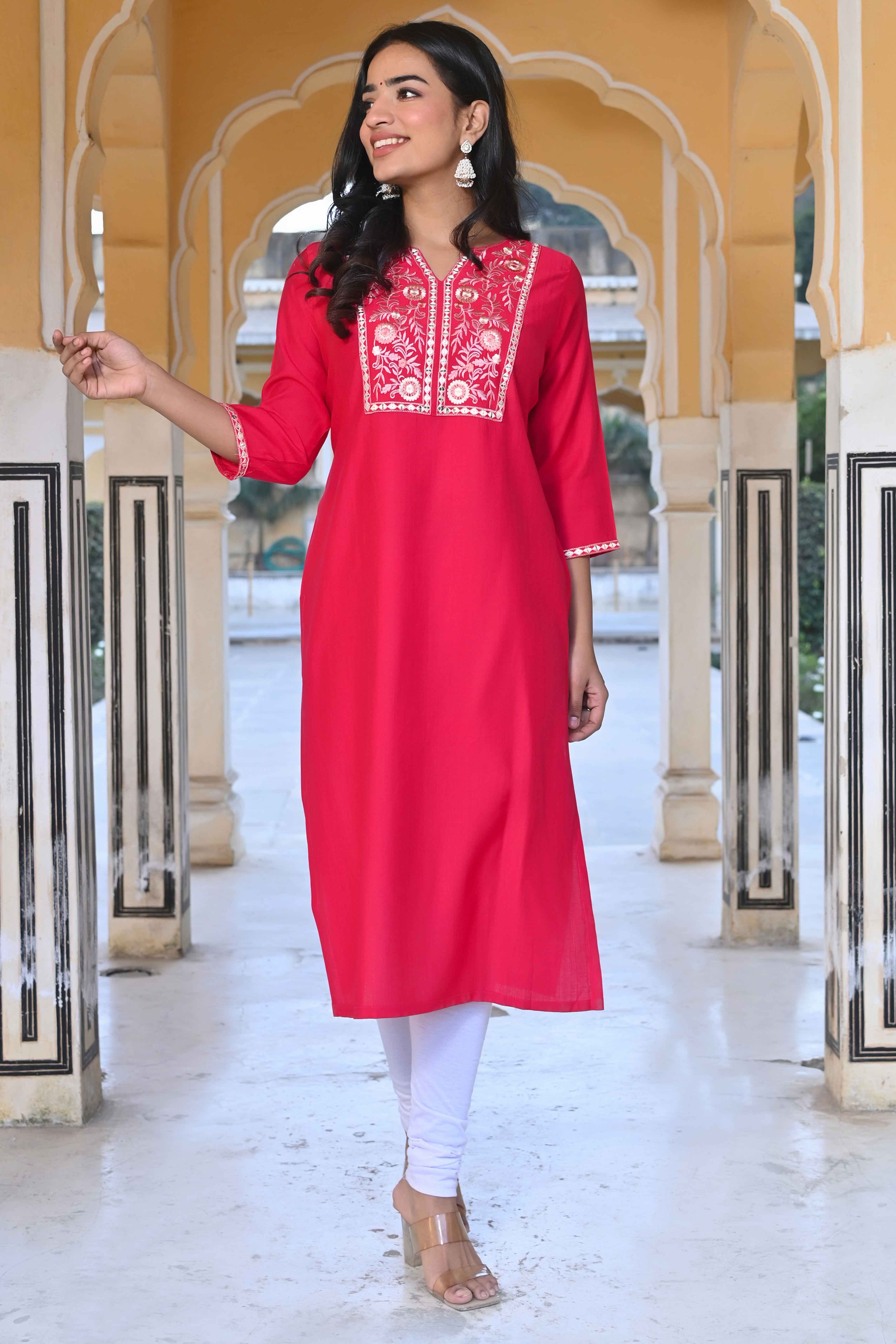 Pink Yoke Embroidered Pure Cotton Straight Kurti