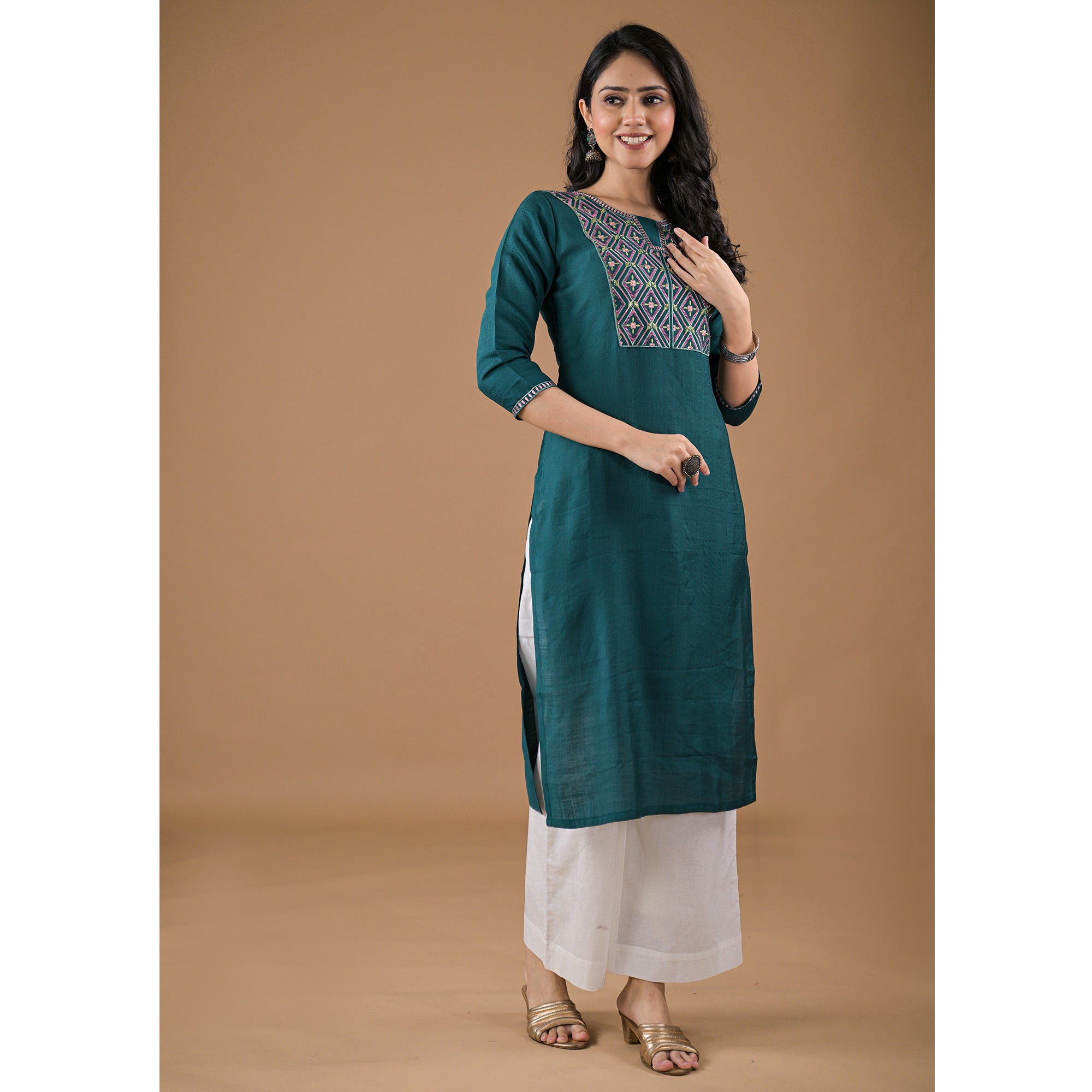 Green Yoke Embroidered Pure Cotton Straight Kurti