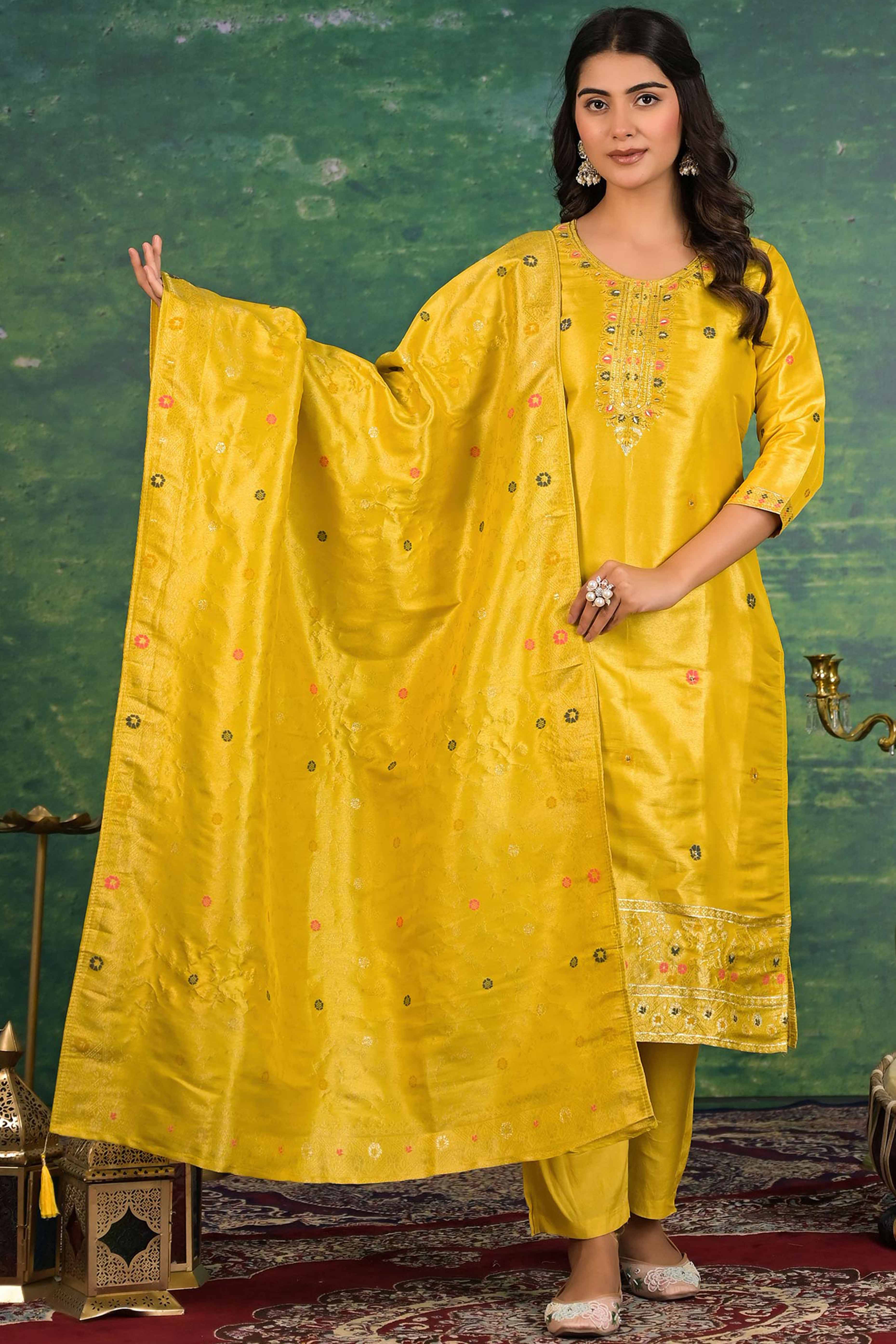 Mustard Floral Woven Dola Silk Salwar Suit