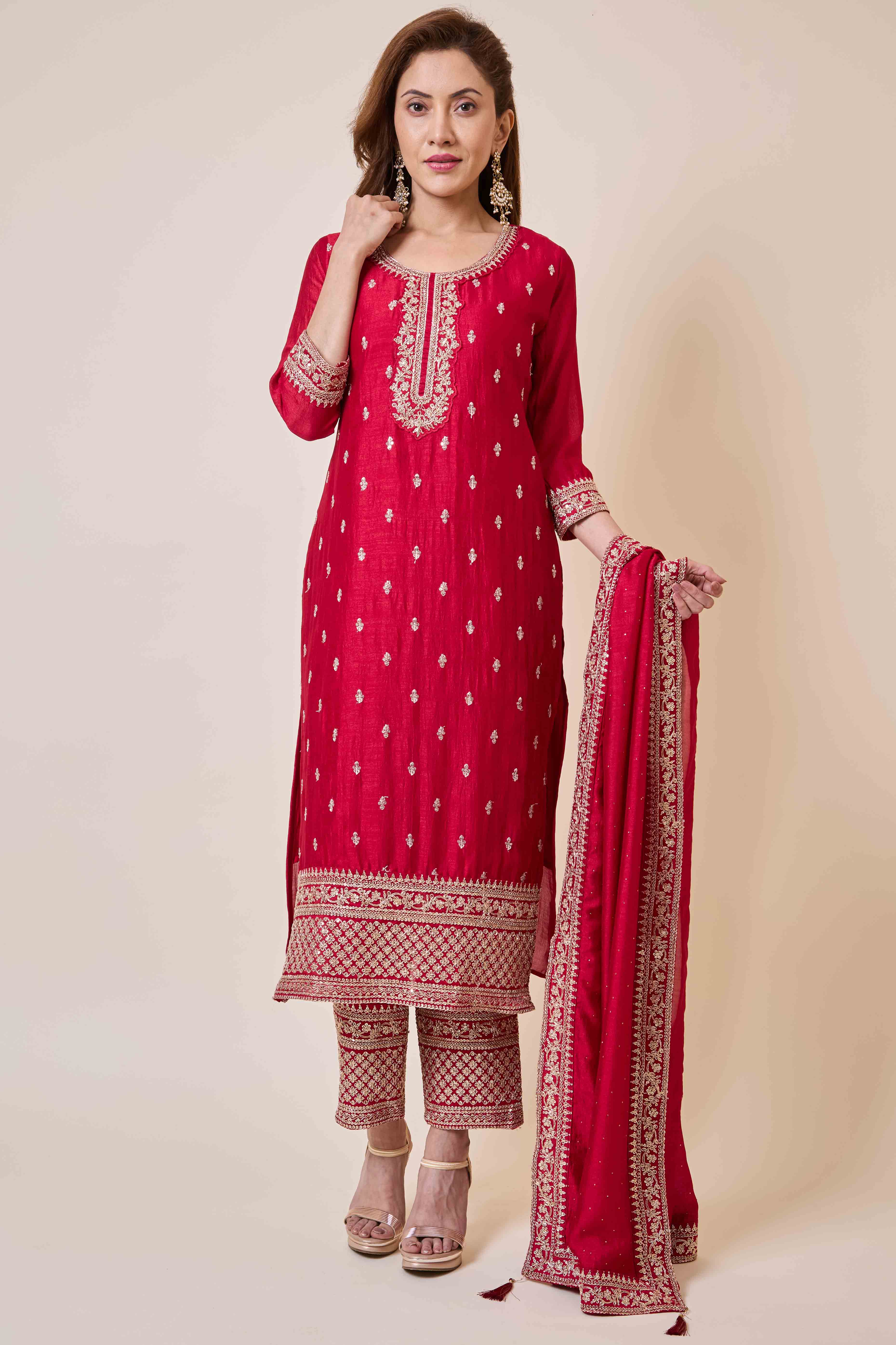 Dark Pink Embroidered Vichitra Silk Salwar Suit