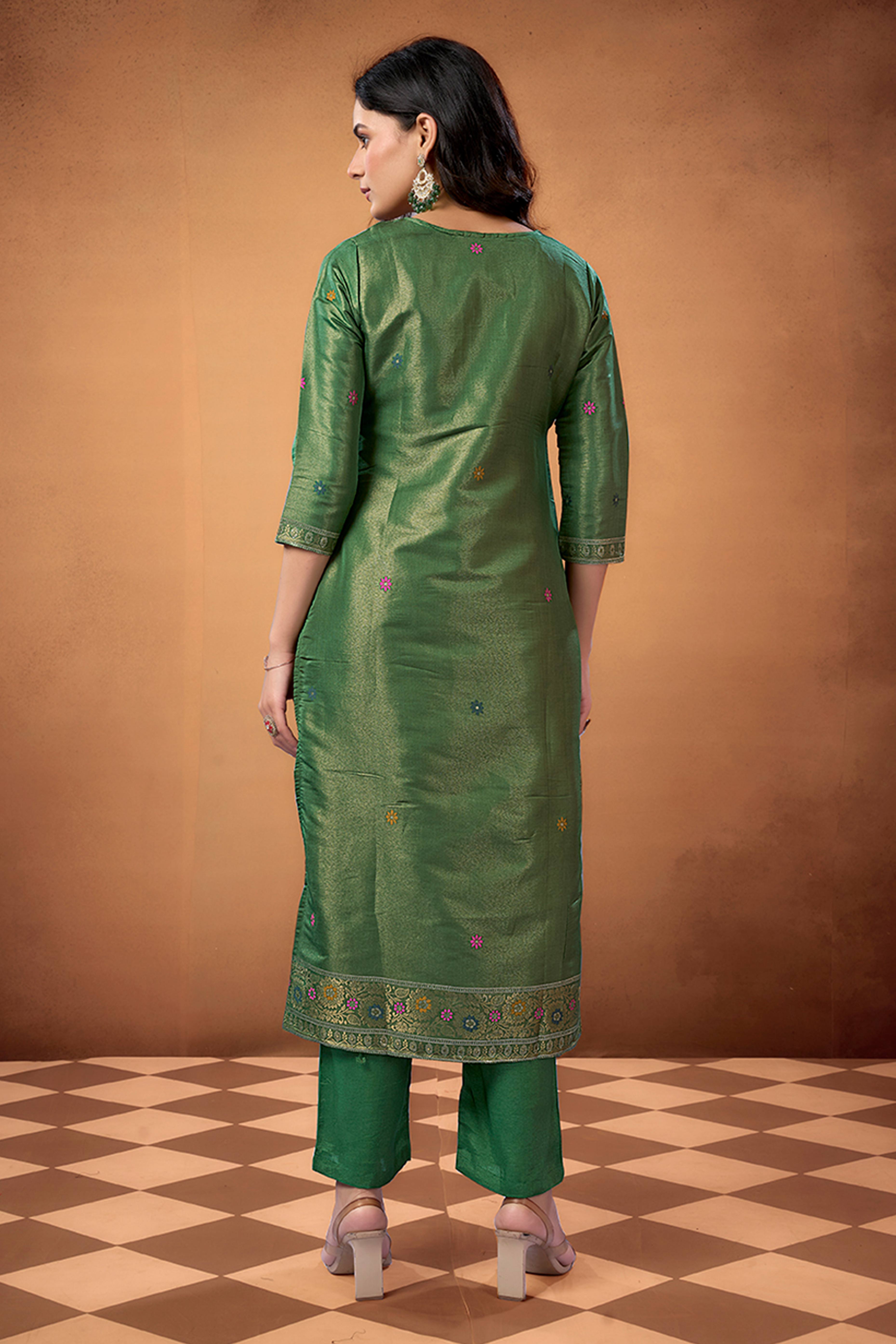 Mehandi Green Floral Handwork Woven Shimmer Straight Salwar Suit