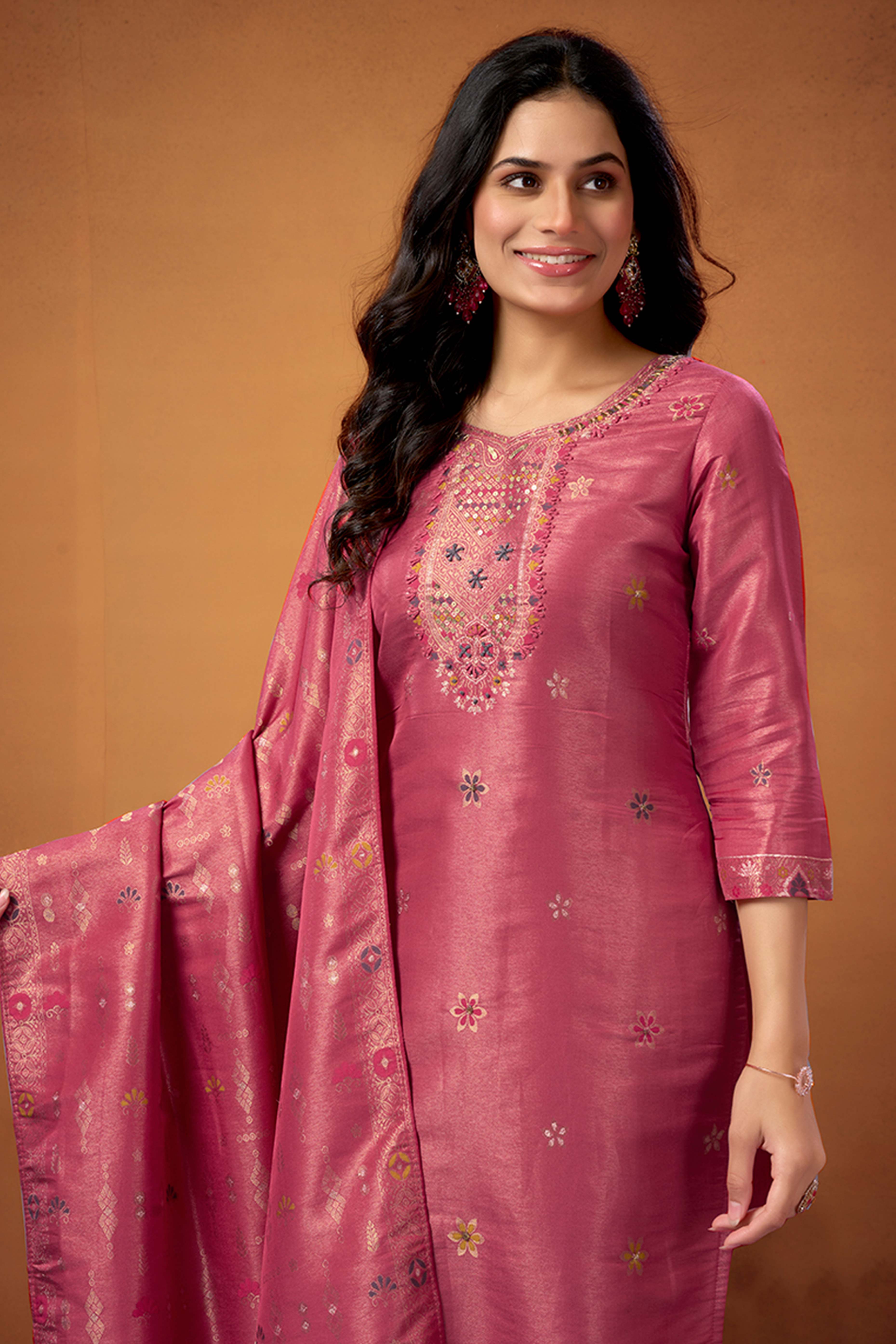 Peach Floral Embroidered Shimmer Jacquard Straight Salwar Suit