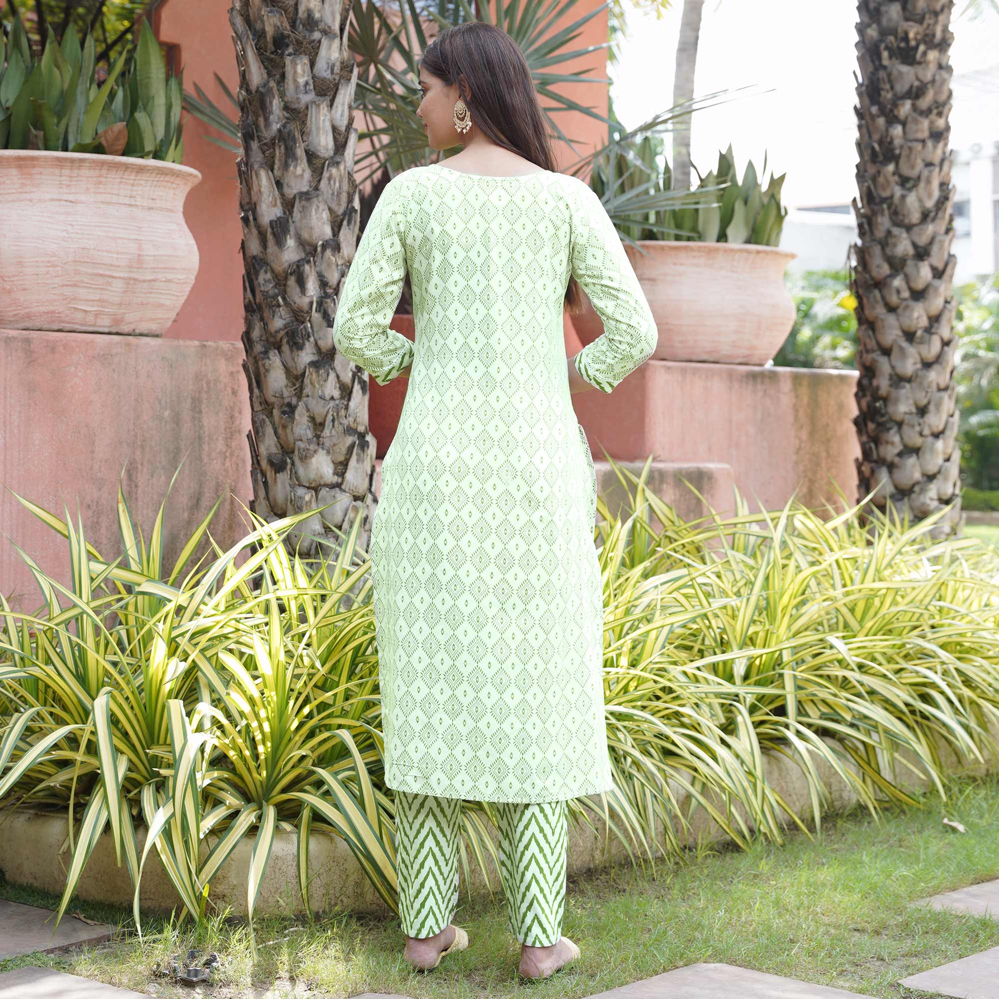 Off White & Green Printed Pure Cotton Salwar Suit