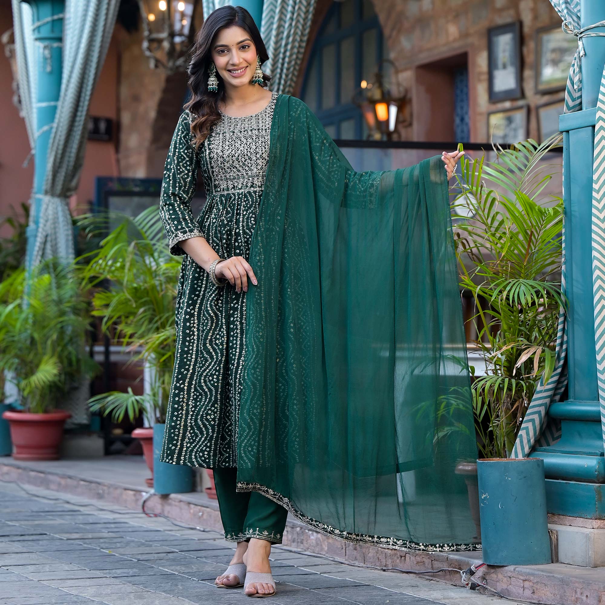 Green Bandhani Printed Naira Cut Rayon Salwar Suit