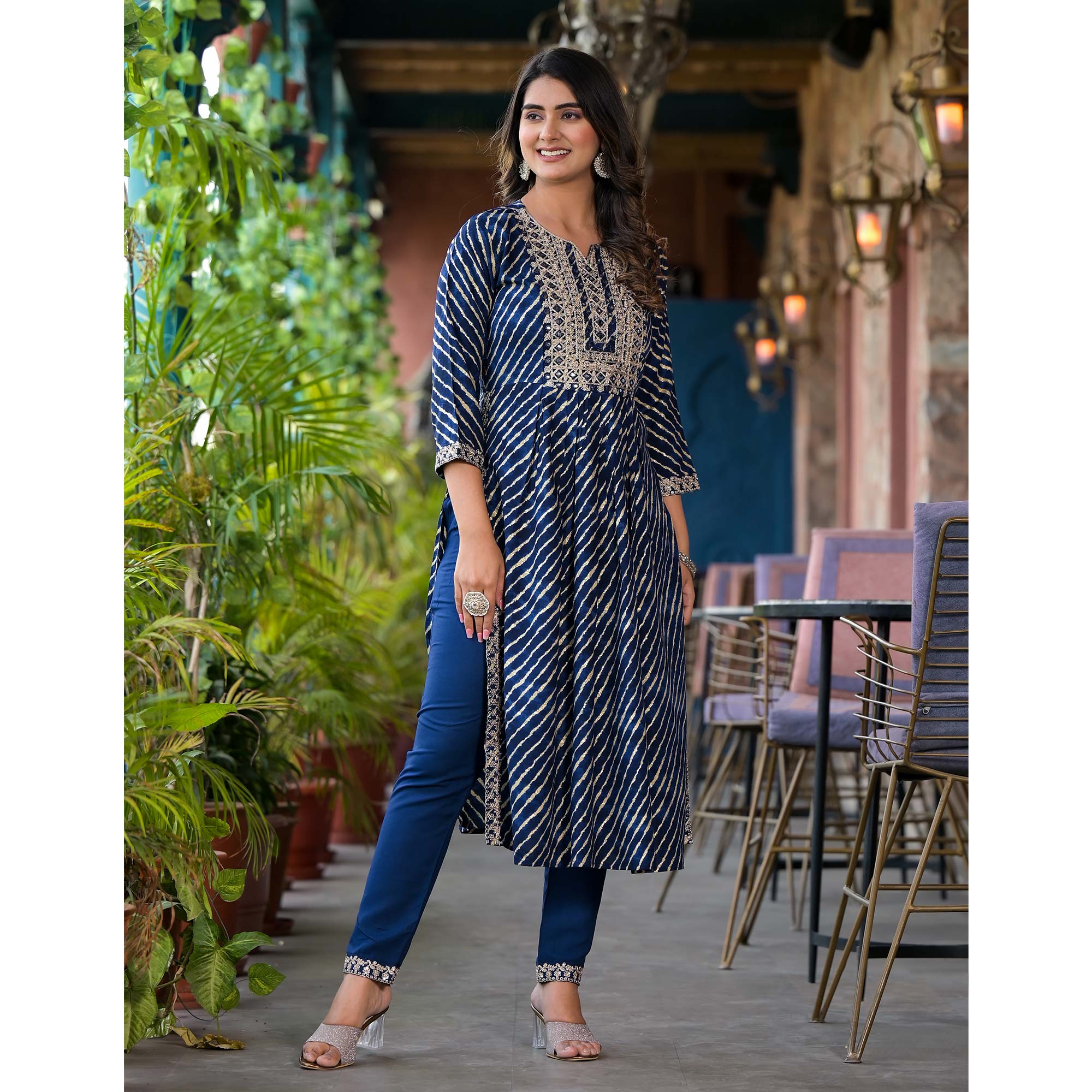 Navy Blue Leheriya Printed Naira Cut Rayon Salwar Suit