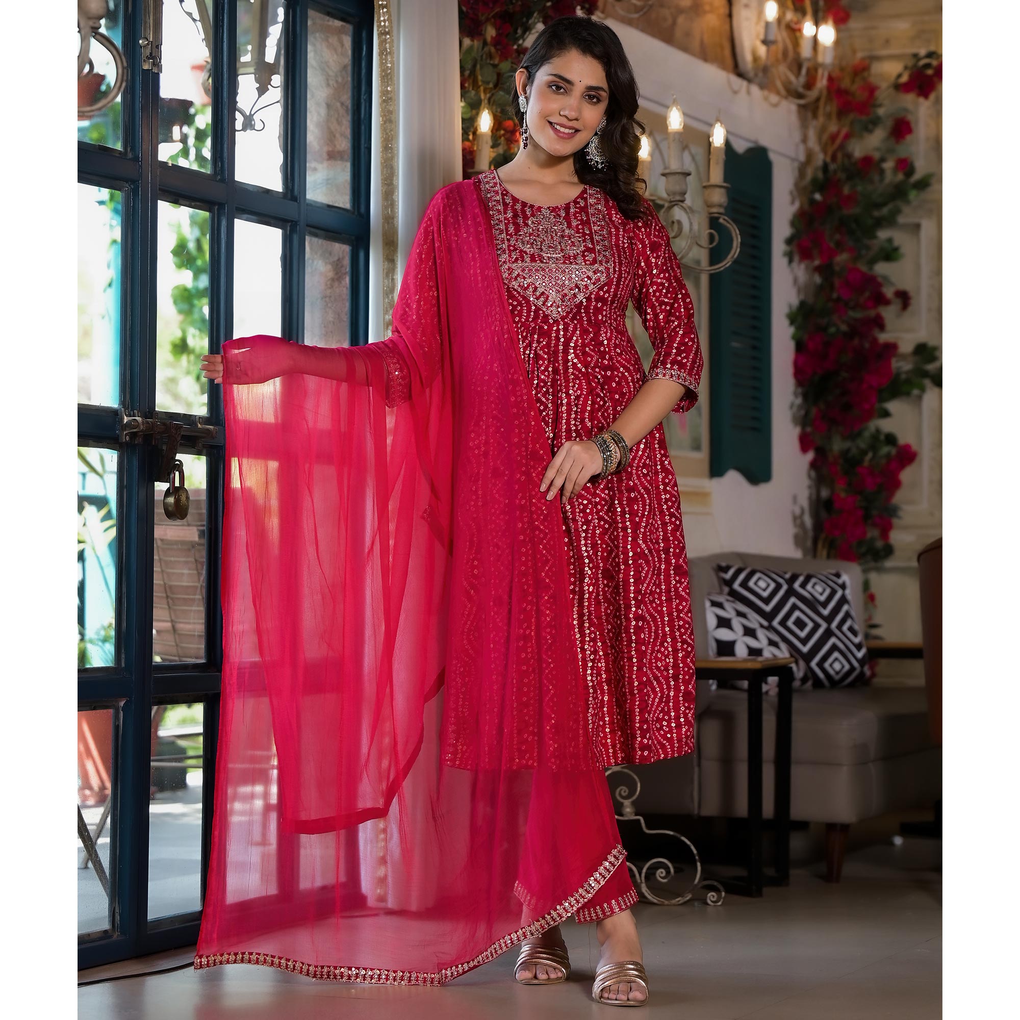 Pink Bandhani Printed Naira Cut Rayon Salwar Suit