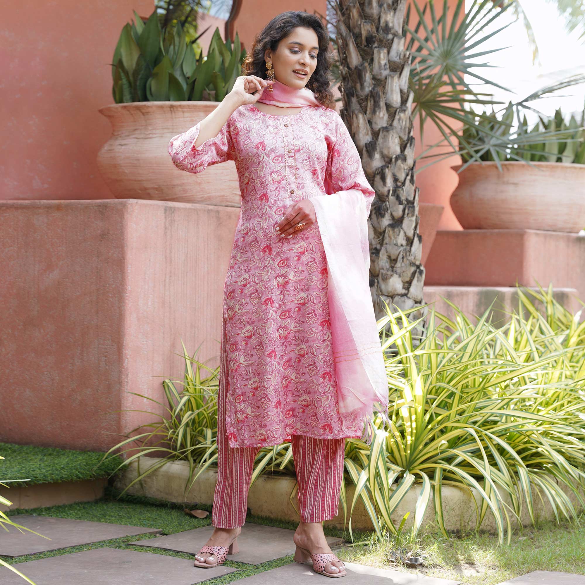 Pink Floral Foil Printed Rayon Suit
