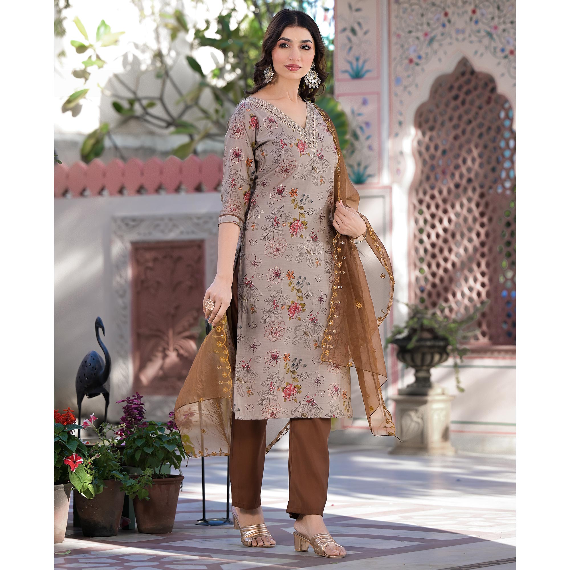 Chikoo Floral Foil Printed Chanderi Silk Straight Salwar Suit