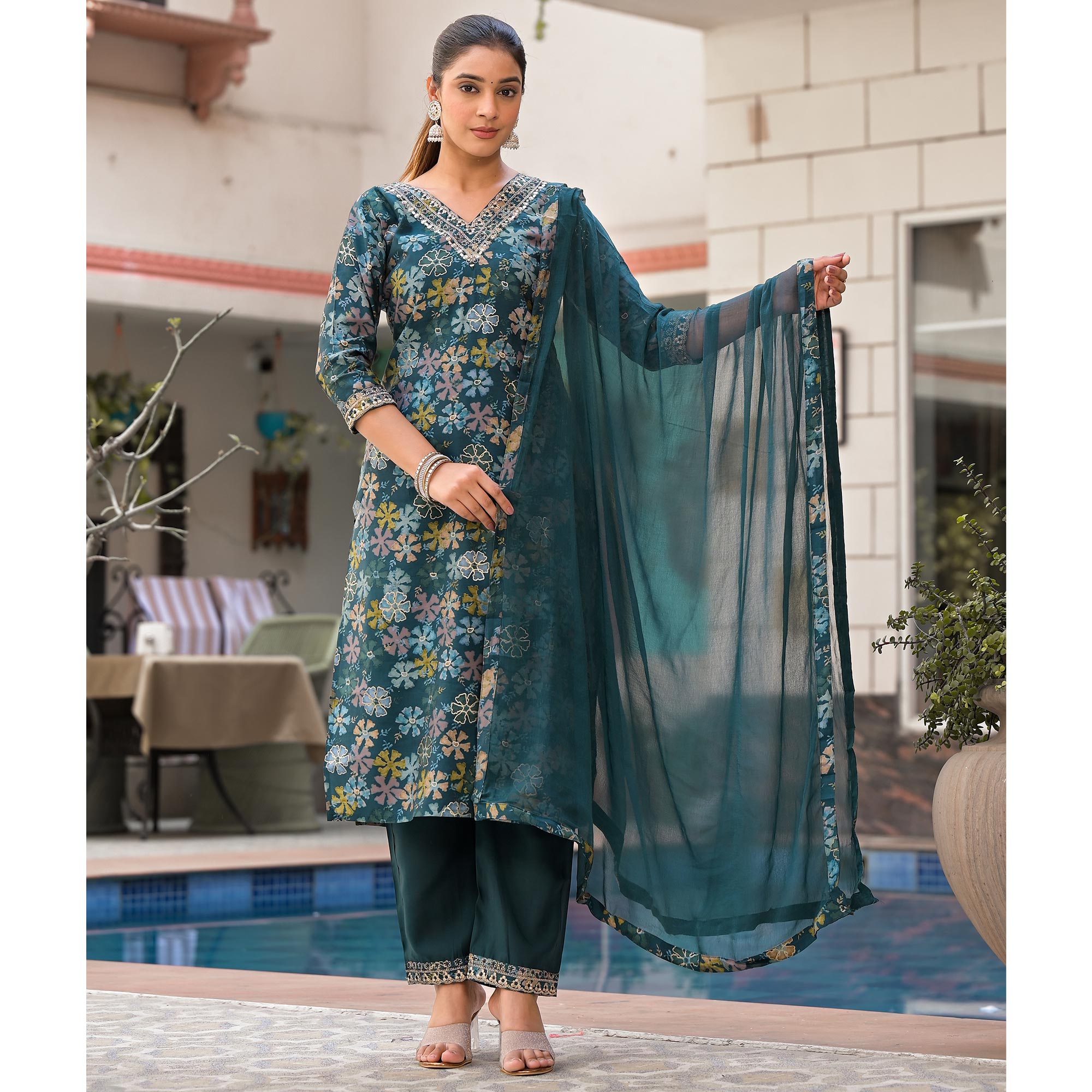 Teal Floral Foil Printed Chanderi Silk Salwar Suit