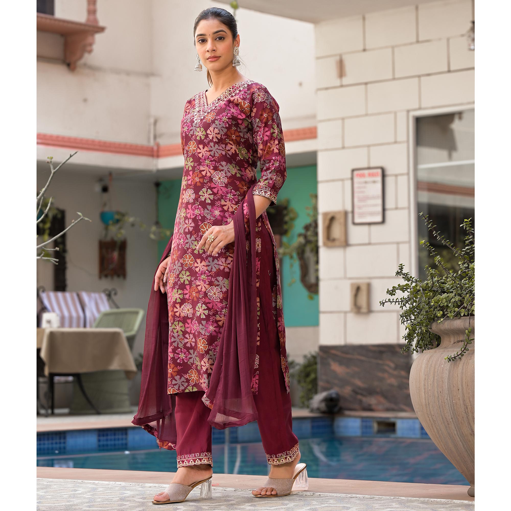 Wine Floral Foil Printed Chanderi Silk Salwar Suit