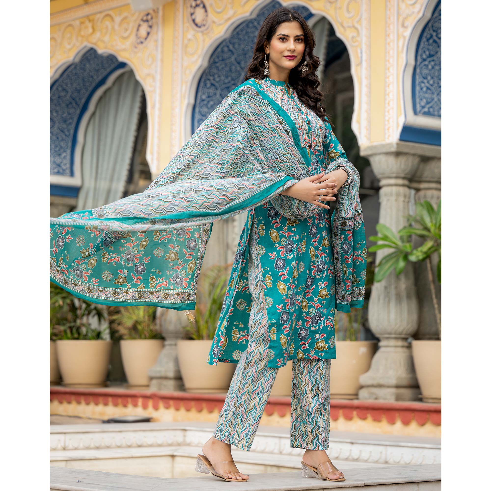 Turquoise Floral Printed Pure Cotton Straight Salwar Suit