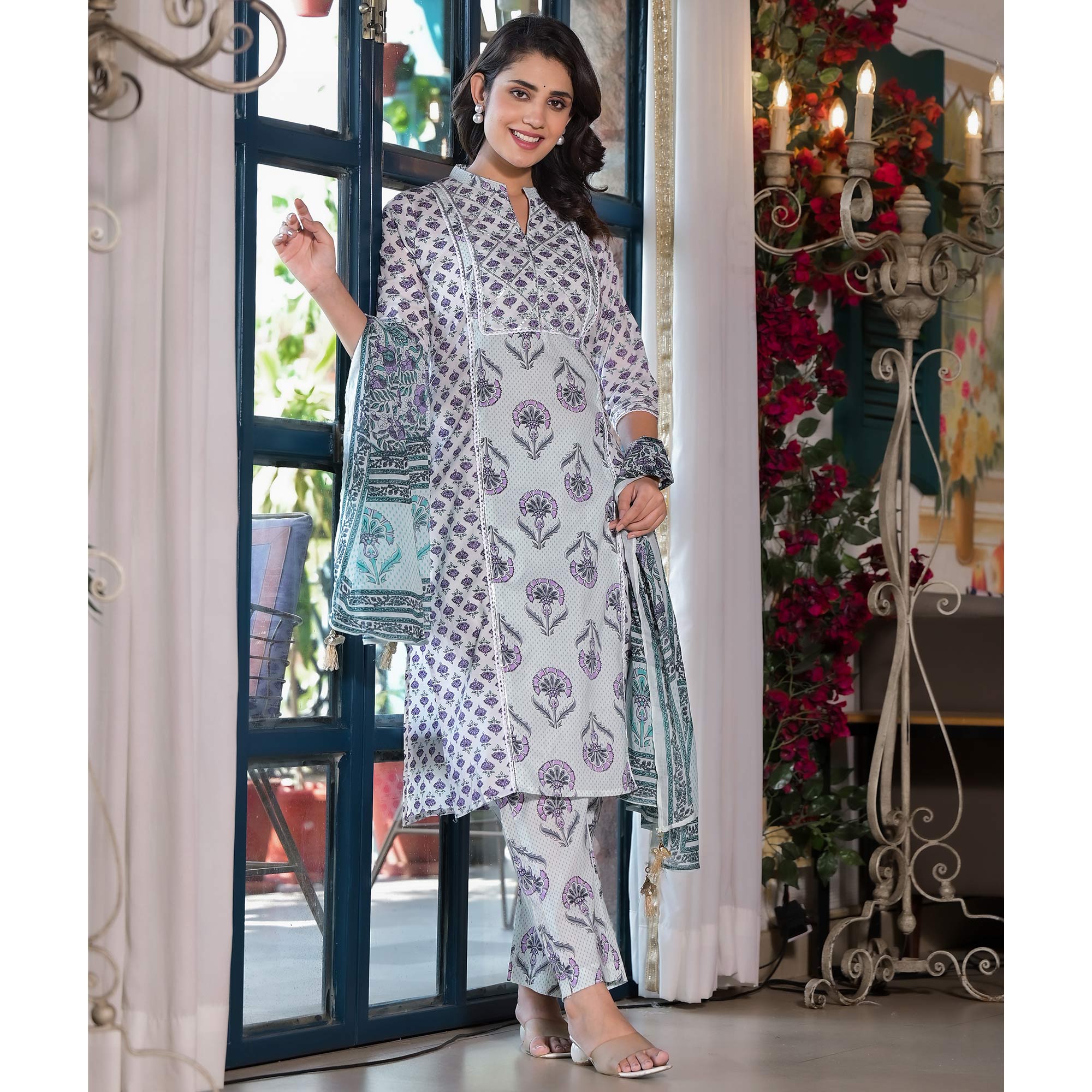 White & Purple Floral Printed Pure Cotton Salwar Suit