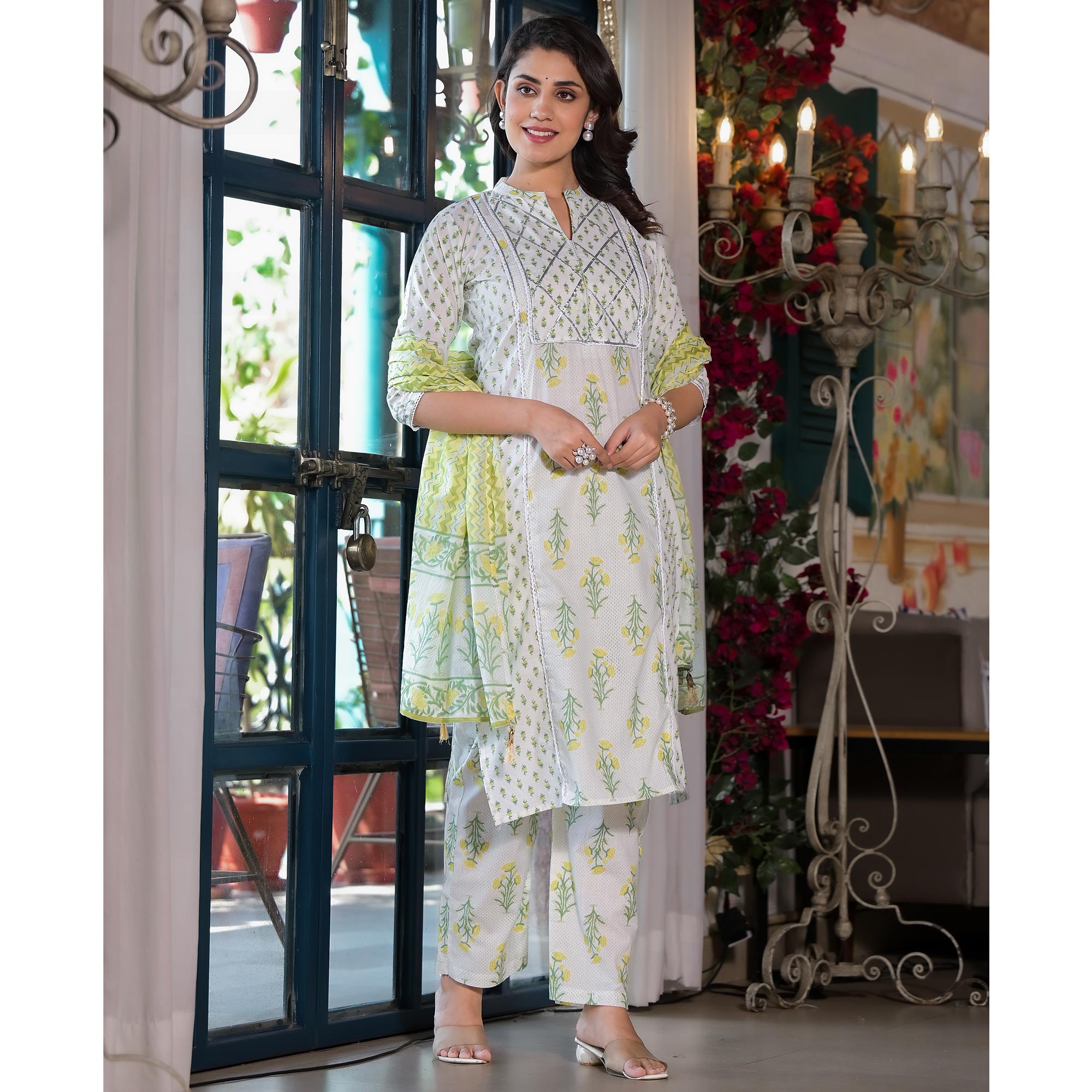 White & Lemon Yellow Floral Printed Pure Cotton Salwar Suit