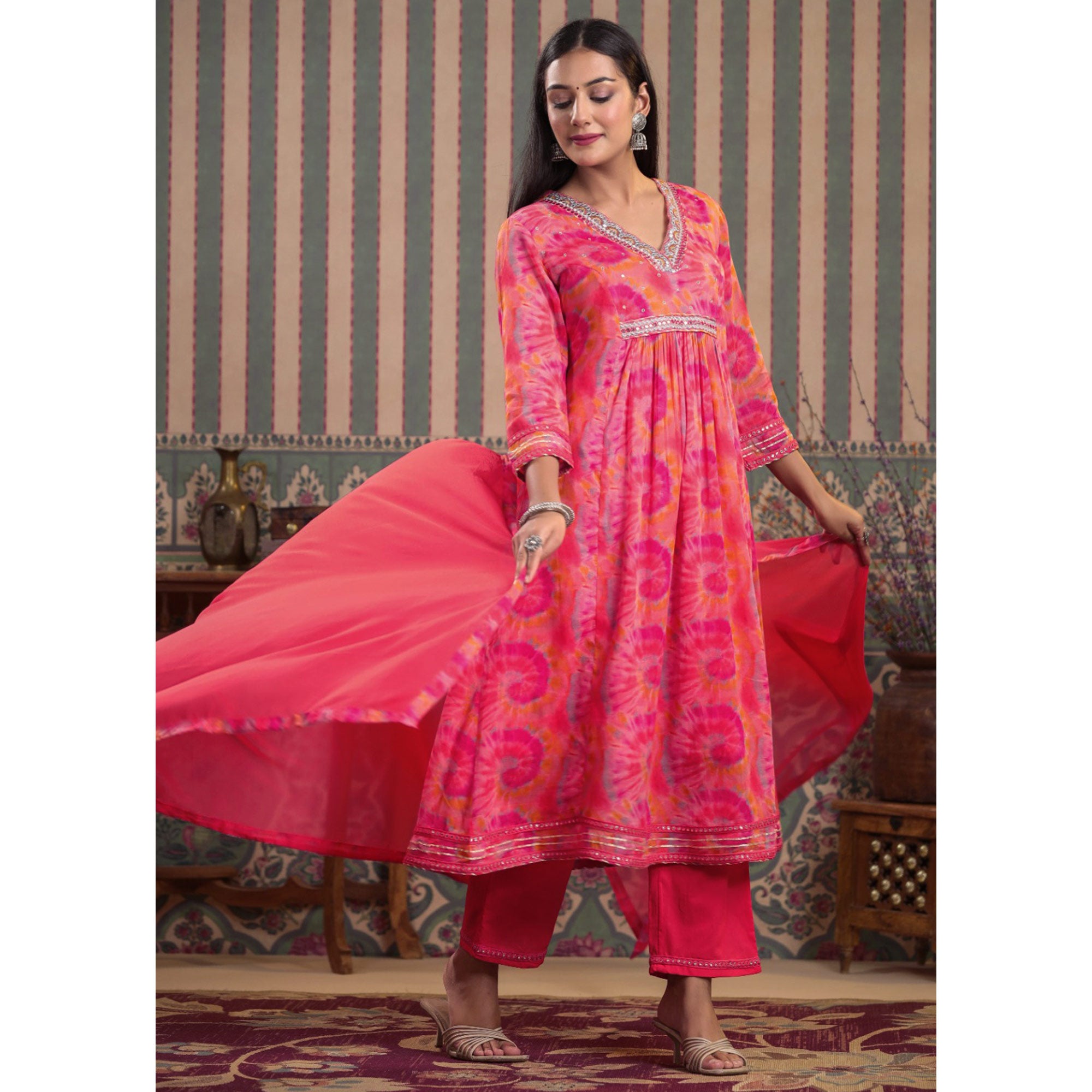 Peach & Pink Printed With Embroidered Chiffon Anarkali Suit