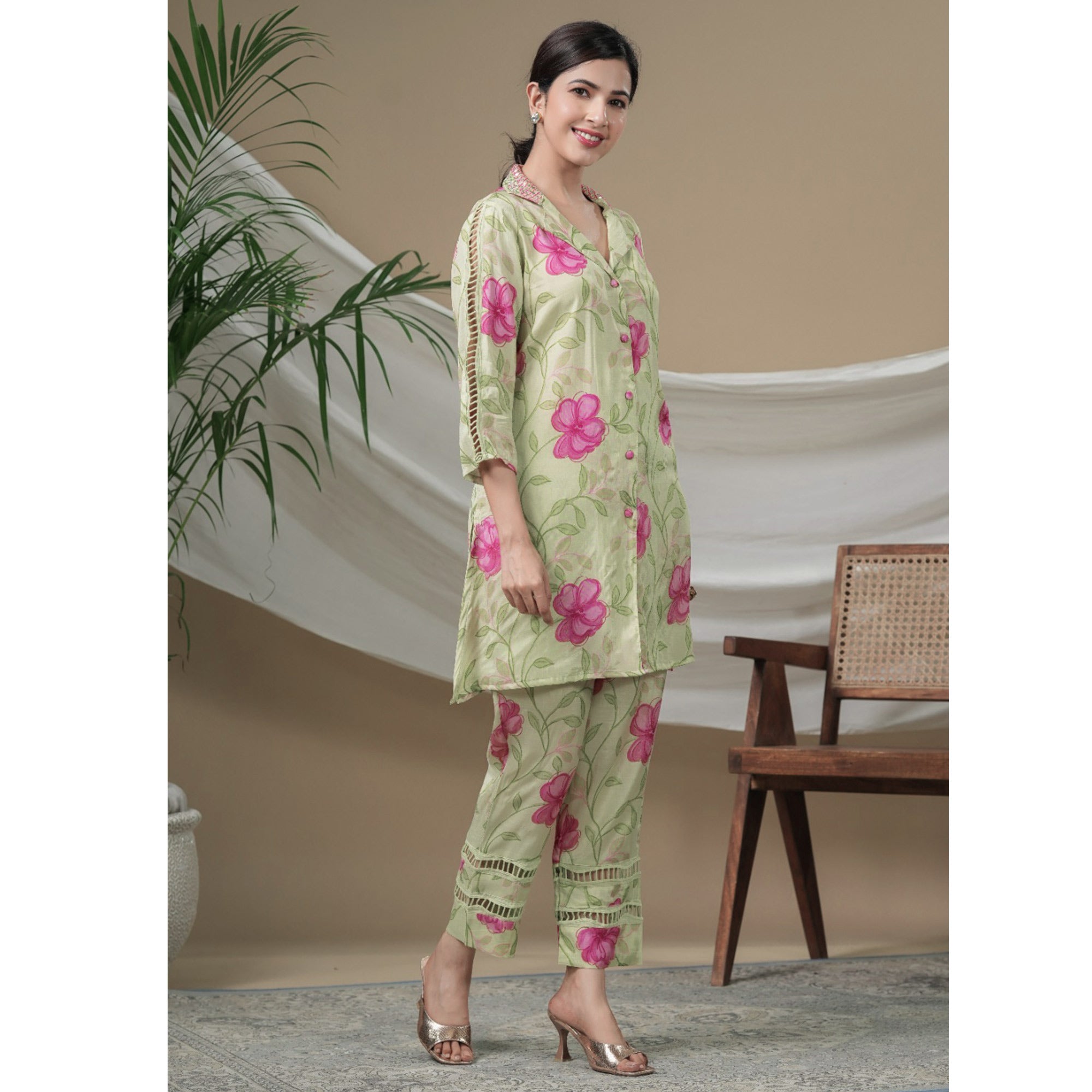 Green Floral Printed Muslin Co Ord Set