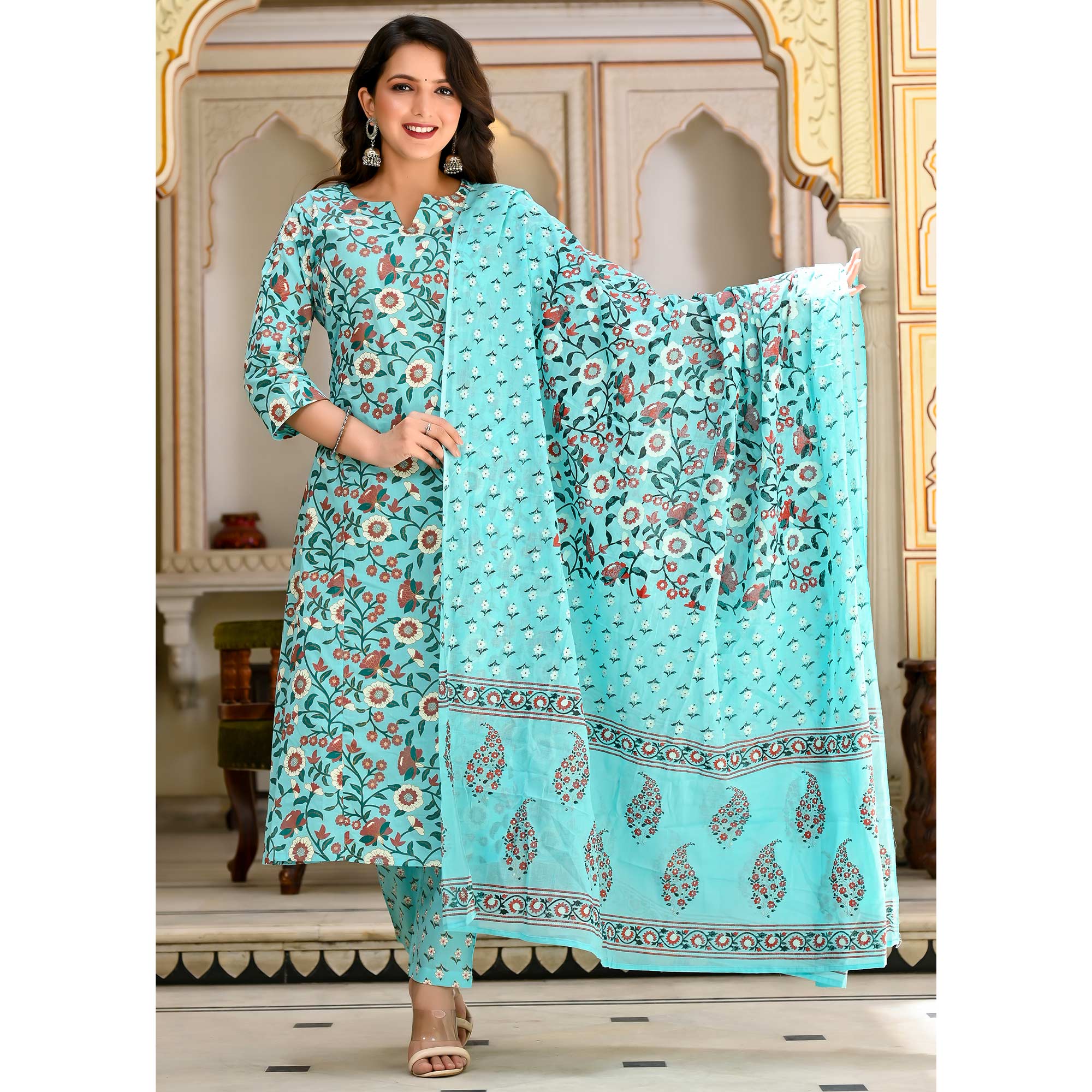 Aqua Blue Floral Printed Pure Cotton A Line Suit