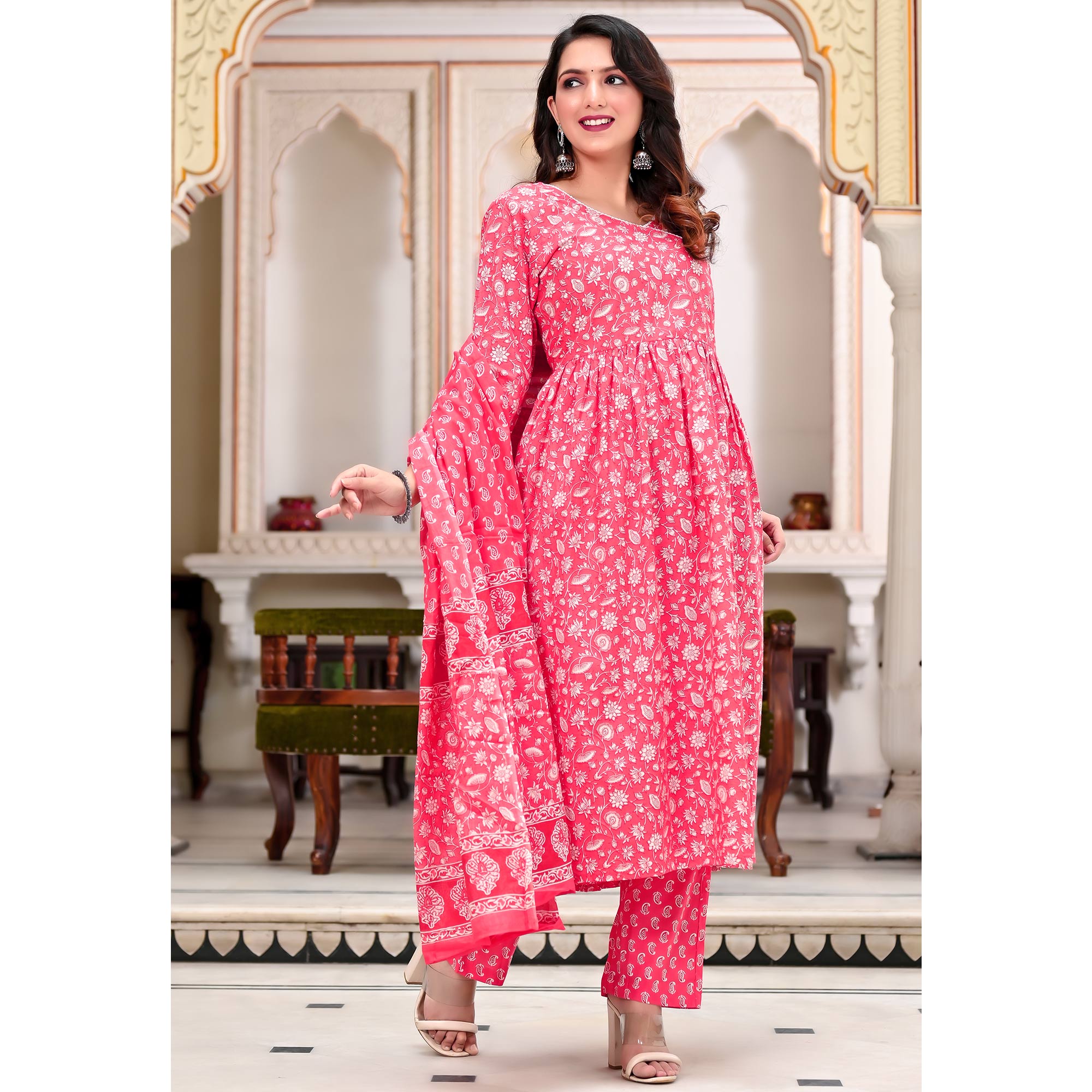 Pink Floral Printed Pure Cotton Anarkali Suit