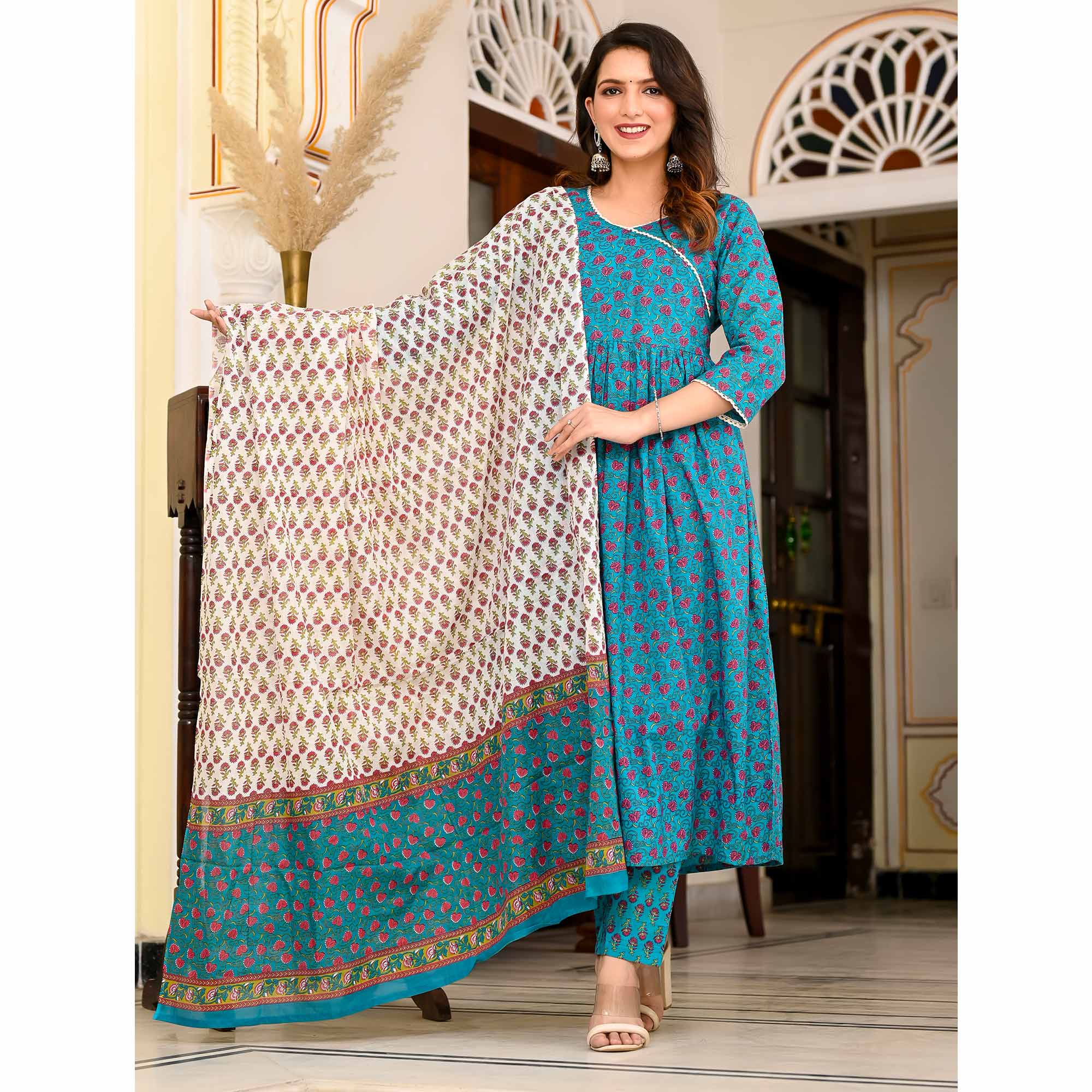 Rama Blue Floral Printed Pure Cotton A Line Suit