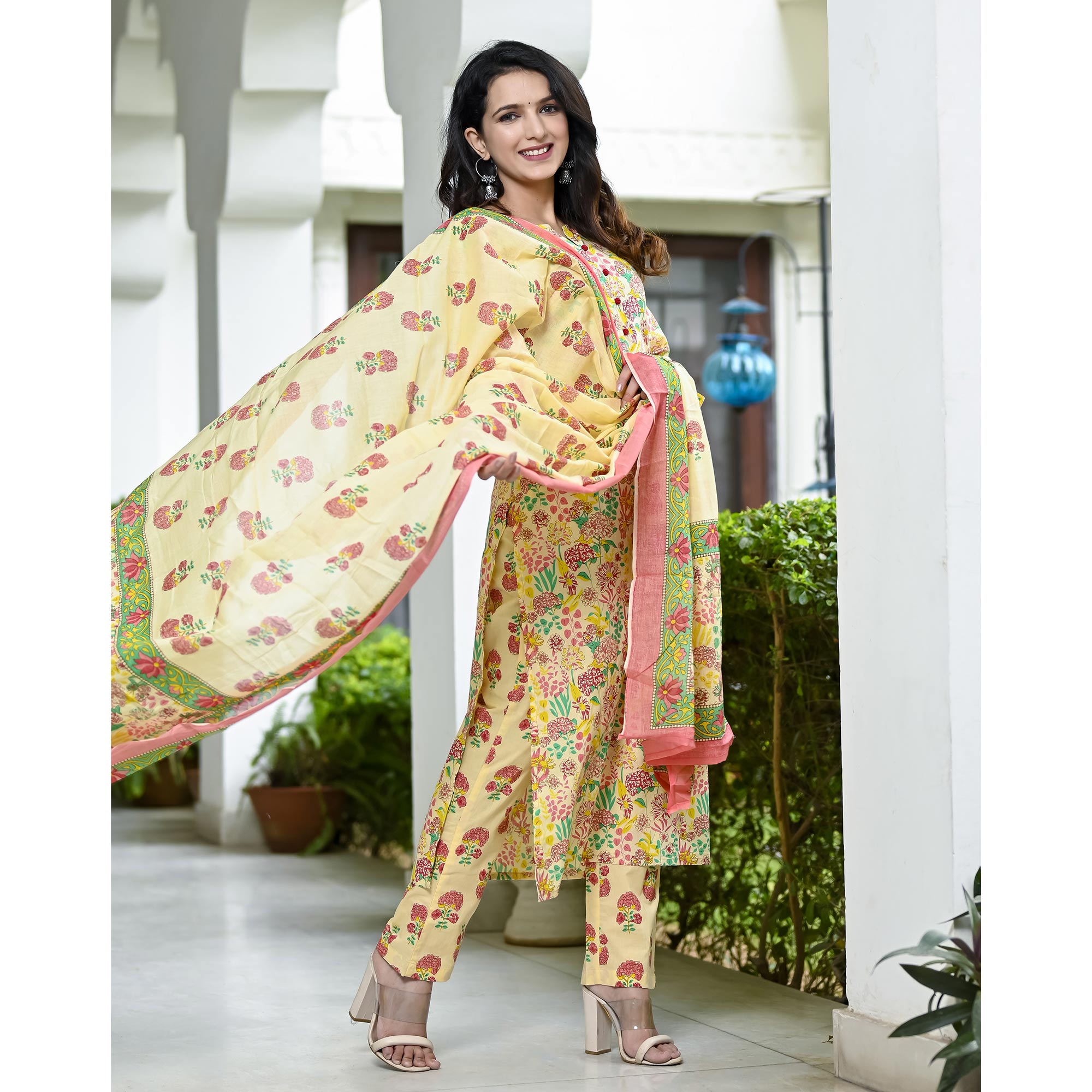 Cream Floral Printed Pure Cotton Salwar Suit