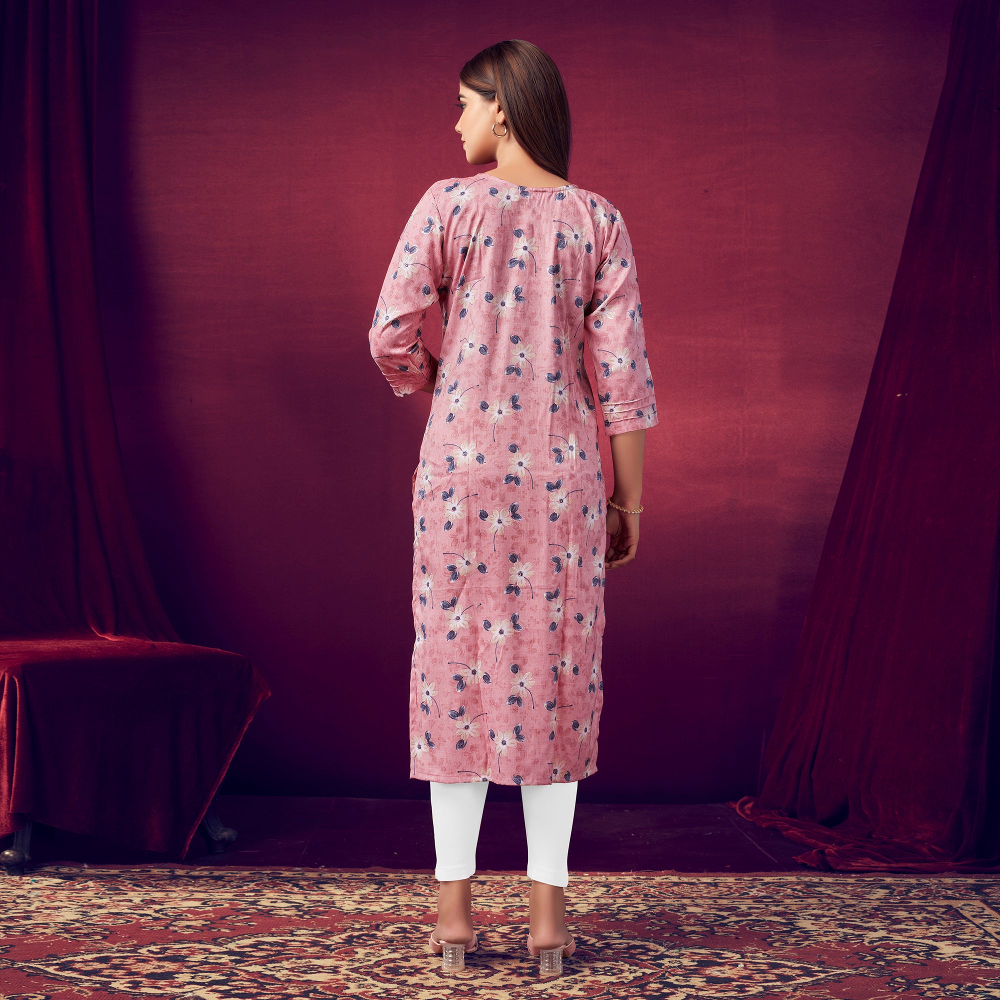 Pink Floral Foil Printed Rayon Kurti