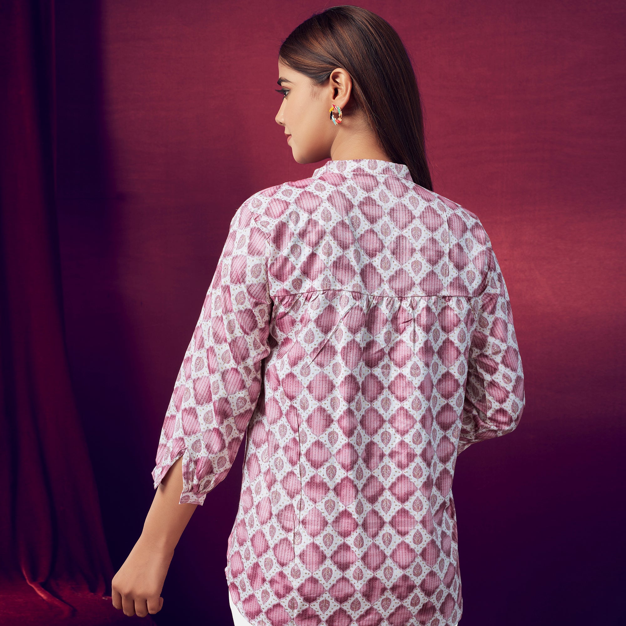 White & Pink Printed Chanderi Silk Top