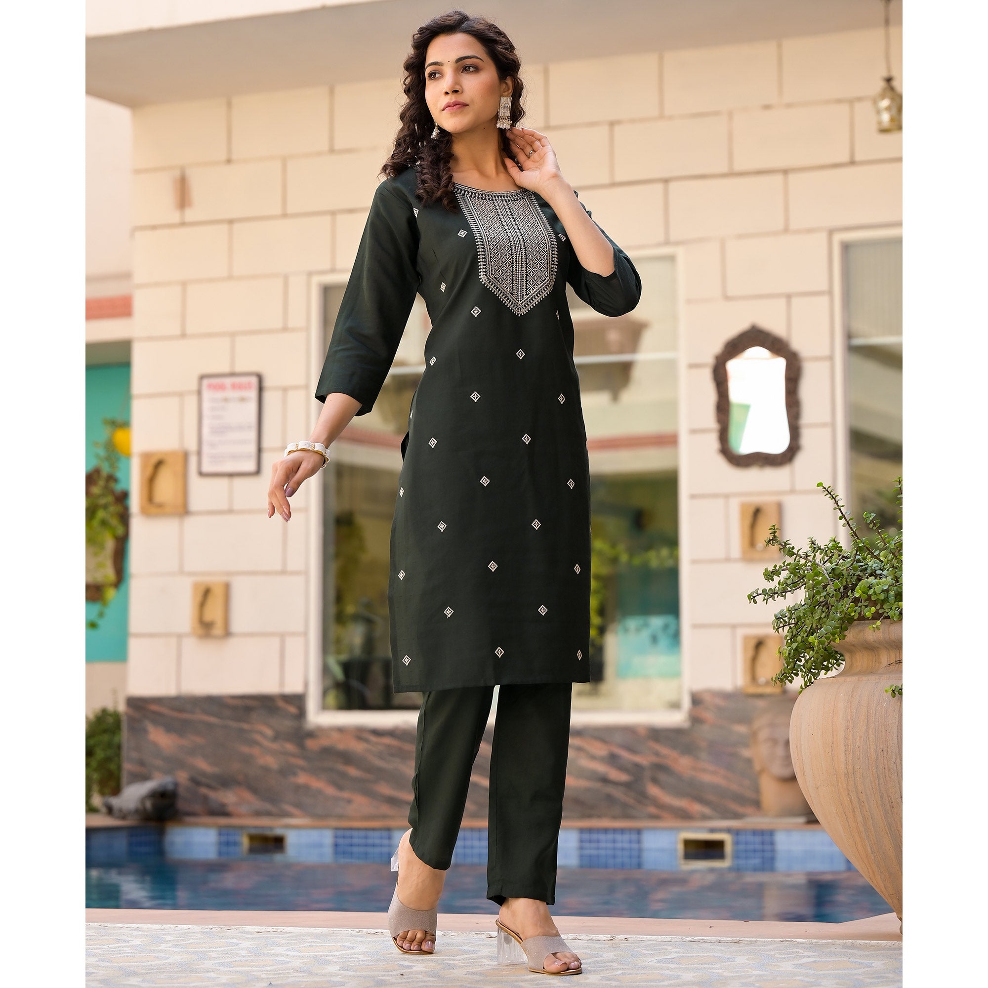 Olive Green Embroidered Viscose Straight Kurti Sets