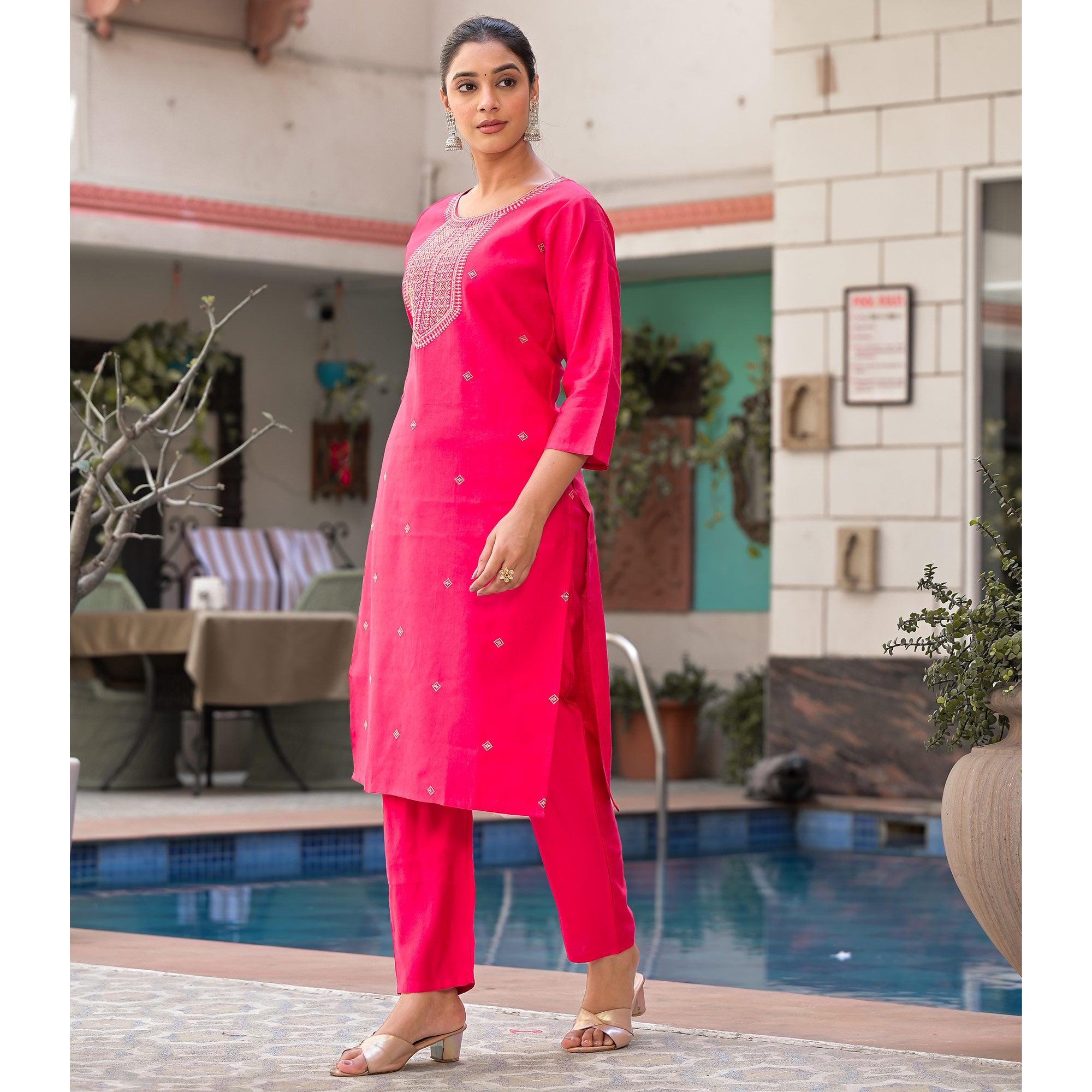 Pink Embroidered Viscose Straight Kurti Sets