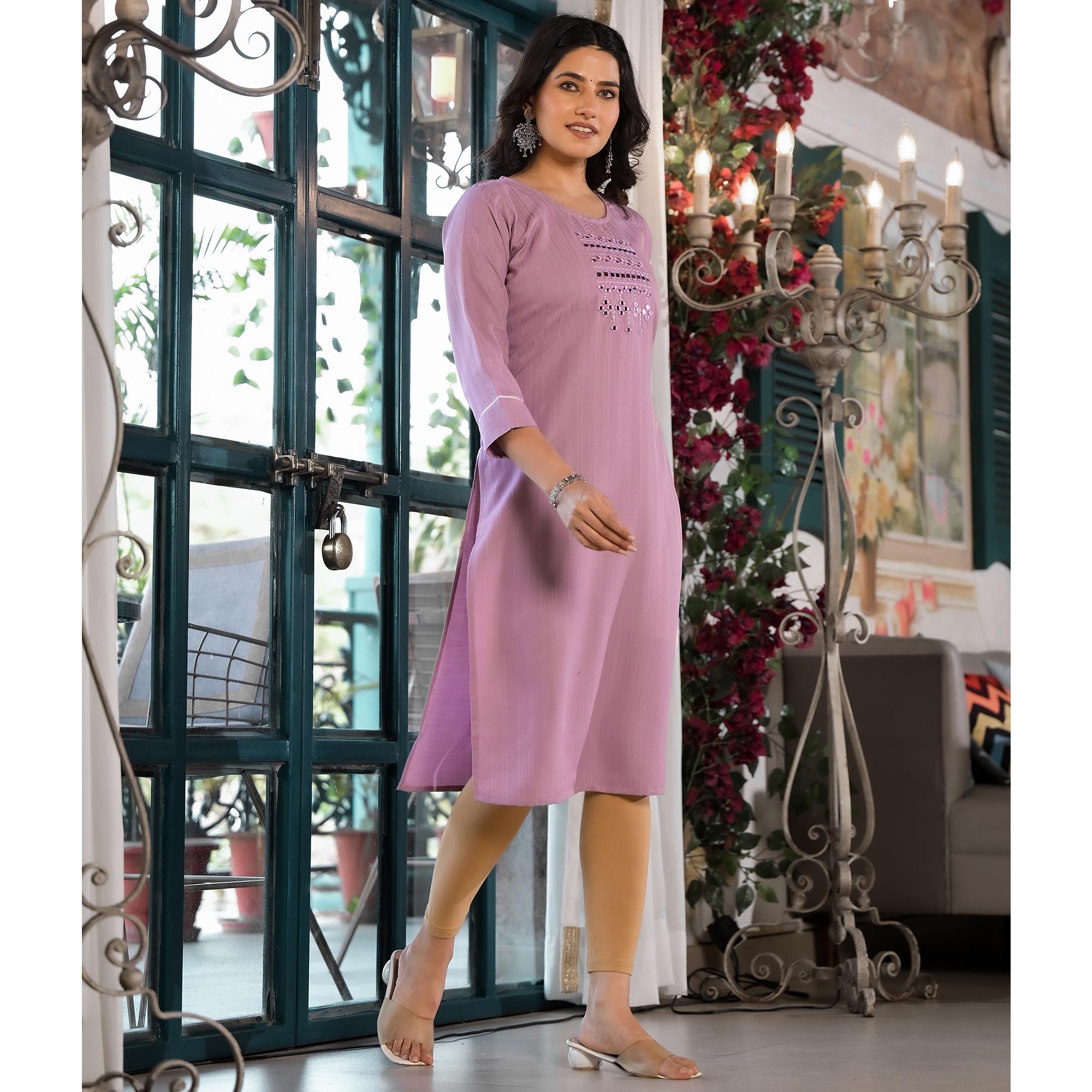 Purple Striped Embroidered Rayon Straight Kurti