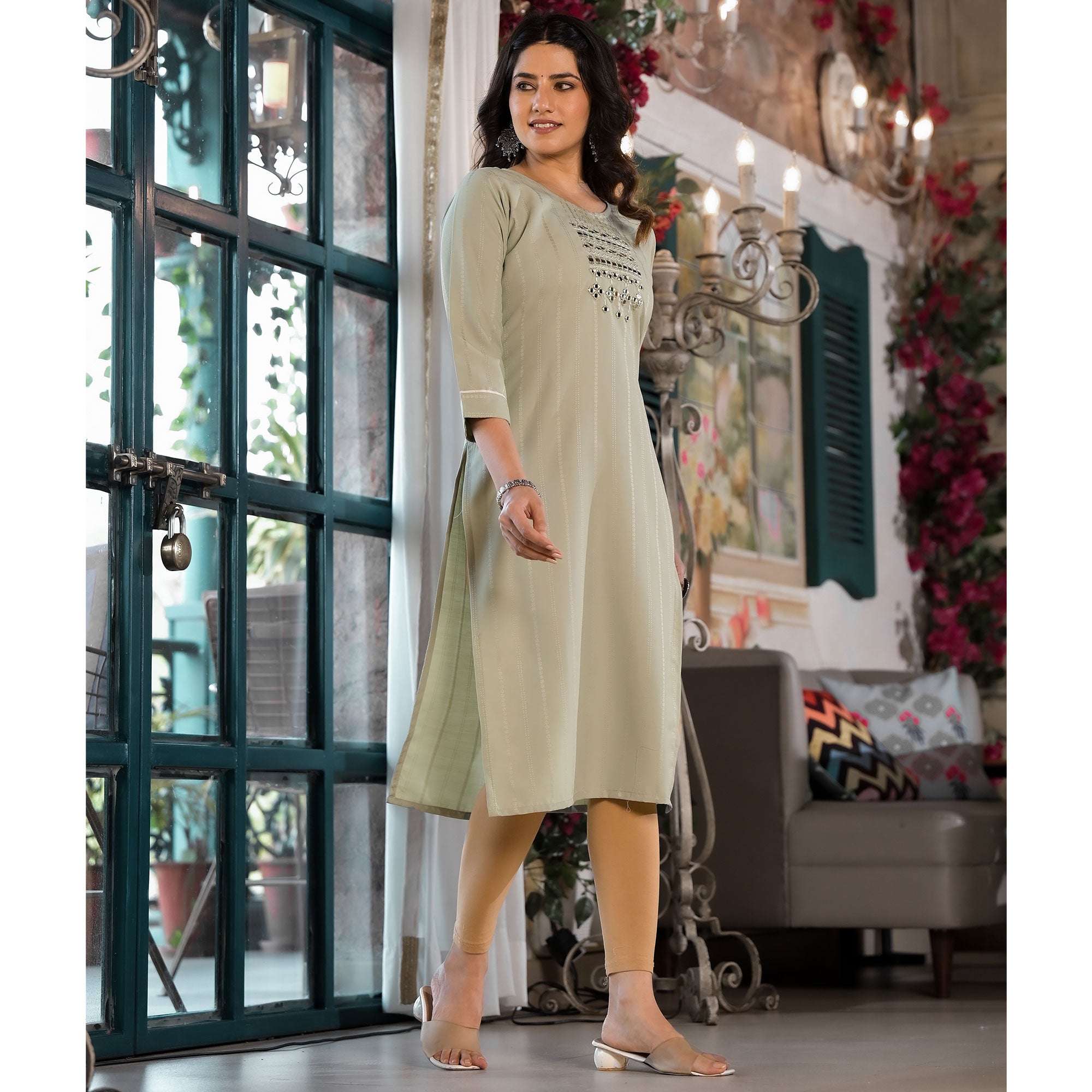 Sea Green Striped Embroidered Rayon Straight Kurti